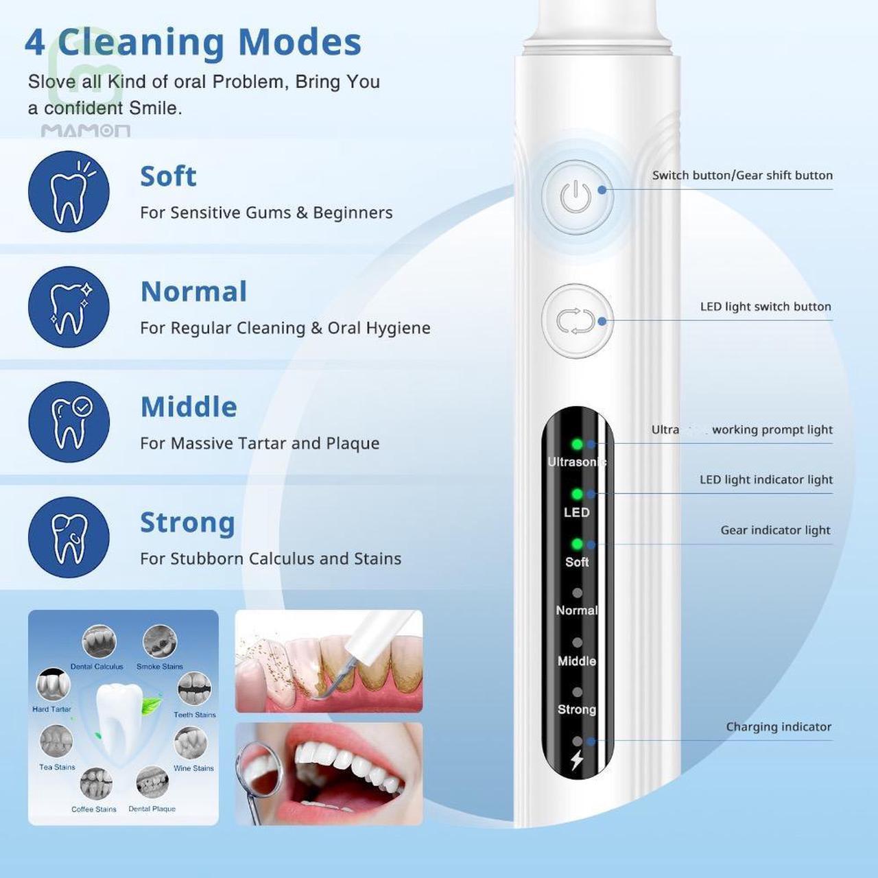 Alt view image 4 of 7 - MAMONCARE Plaque Remover for Teeth,Teeth Cleaning Kit with tooth Cleaner and Dental Tools, Dental Picks Rechargeable Plaque Blaster with shadowless LED, Tartar Remover, 4 Replaceable Head