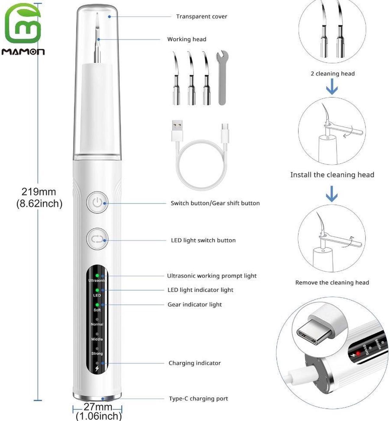 Alt view image 7 of 7 - MAMONCARE Plaque Remover for Teeth,Teeth Cleaning Kit with tooth Cleaner and Dental Tools, Dental Picks Rechargeable Plaque Blaster with shadowless LED, Tartar Remover, 4 Replaceable Head