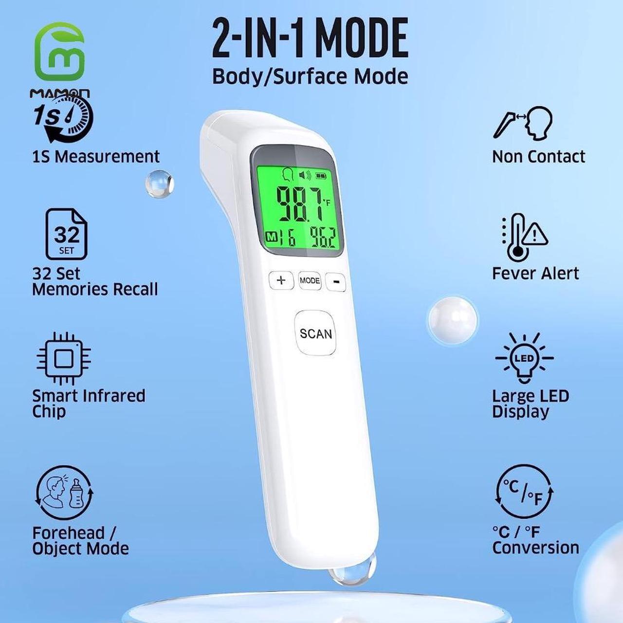 Alt view image 2 of 7 - Thermometer for Adults and Kids, No-Touch Forehead Thermometer with Object Mode Function,Fever Alert and 32 Set Memory Recall,Instant Accurate Reading Digital Baby Thermometer for Fever