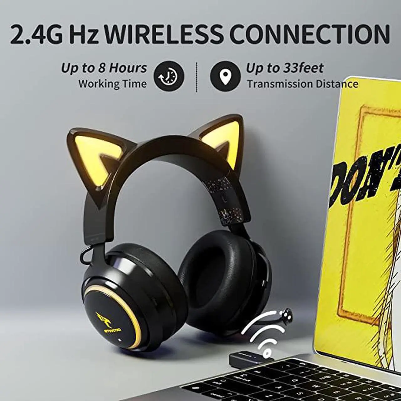 Alt view image 4 of 6 - SOMiC Black Cat Ear Headset Wireless Gaming Headphones for PC/PS4-5, 2.4G with Retractable Mic Noise Cancelling, 7.1 Stereo Sound, RGB Lighting