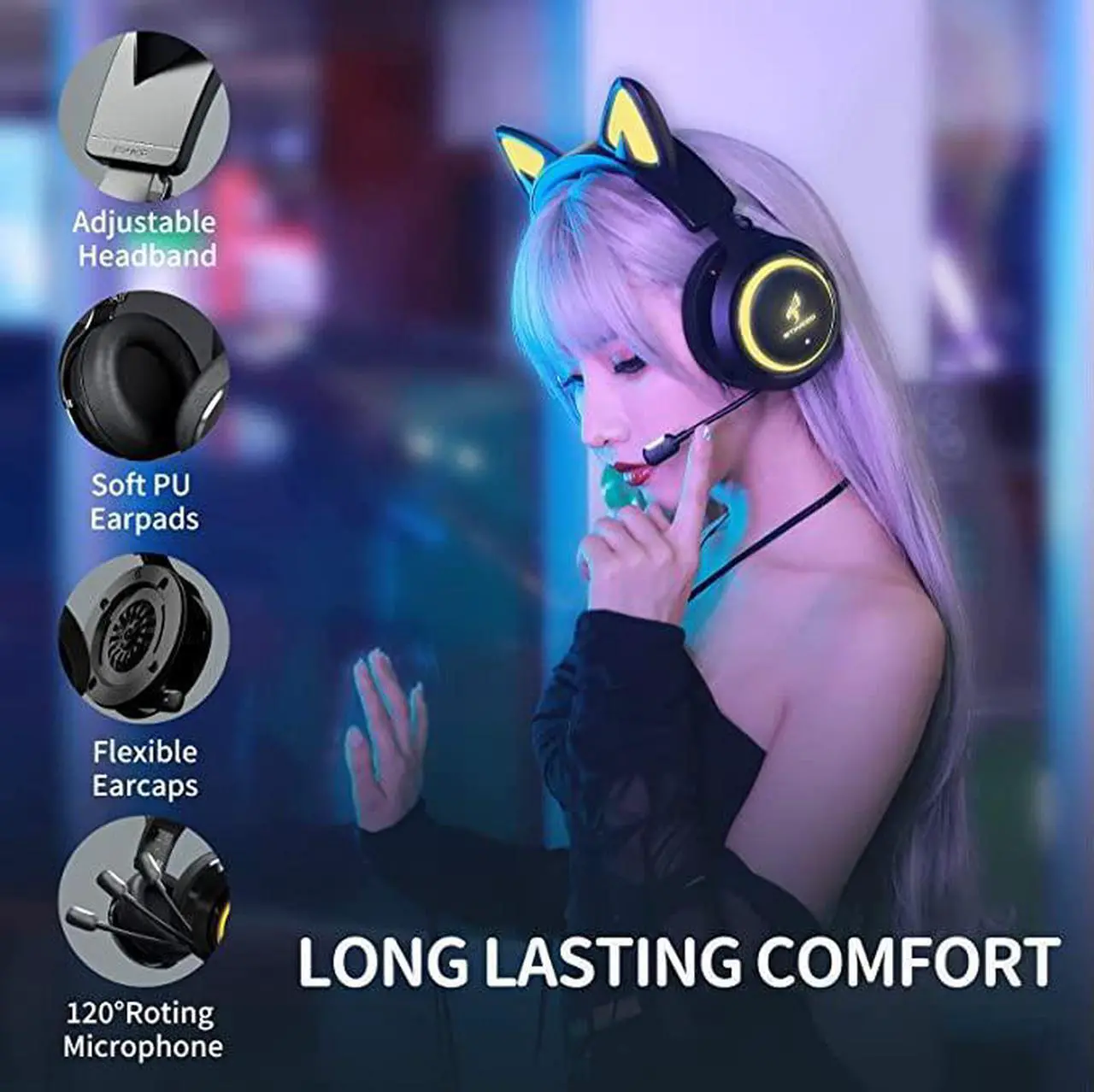 Alt view image 5 of 6 - SOMiC Black Cat Ear Headset Wireless Gaming Headphones for PC/PS4-5, 2.4G with Retractable Mic Noise Cancelling, 7.1 Stereo Sound, RGB Lighting