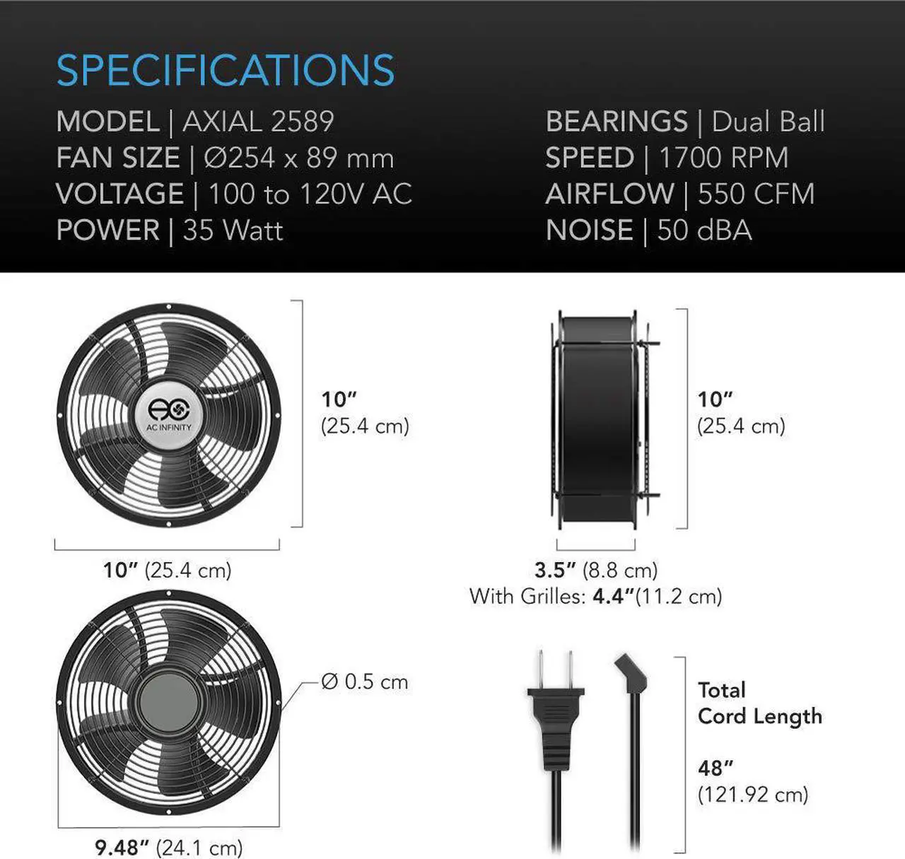 Alt view image 6 of 6 - AC Infinity AXIAL 2589, Muffin Fan 10", 120V AC Ø254mm x 89mm High Speed, for DIY Cooling Ventilation Exhaust Projects