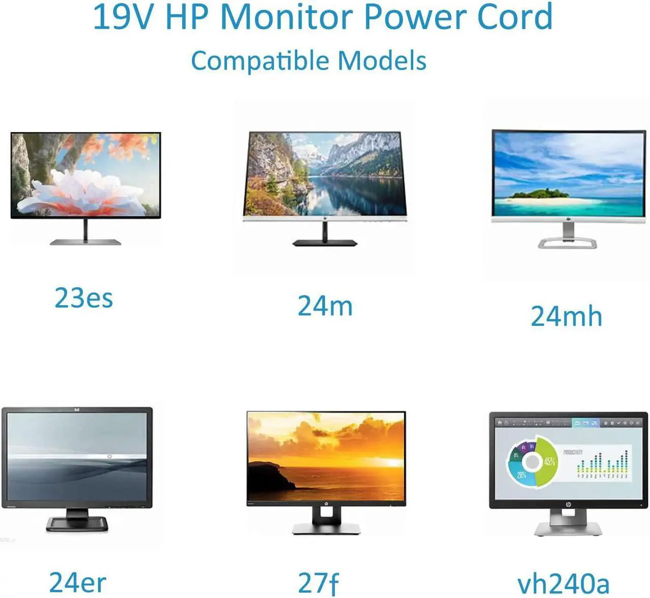 Alt view image 2 of 6 - For HP Monitor Power Cord 27" 25" 23.8" 23" 21.5" 20" 19V Power Supply HP Monitor 27f 24f 22cwa 24m 23er 23es 27eb 32f vh240 24ea 27 25vx 27es ADPC1945 IPS LED Backlit Full HD Display