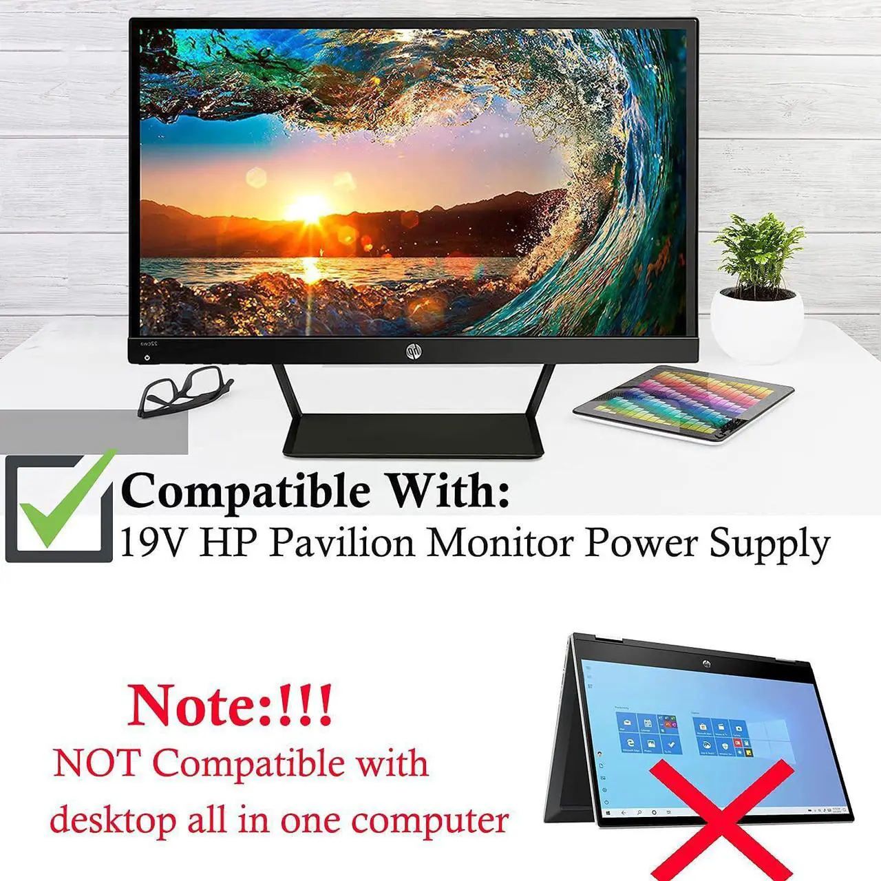 Alt view image 3 of 6 - For HP Monitor Power Cord 27" 25" 23.8" 23" 21.5" 20" 19V Power Supply HP Monitor 27f 24f 22cwa 24m 23er 23es 27eb 32f vh240 24ea 27 25vx 27es ADPC1945 IPS LED Backlit Full HD Display