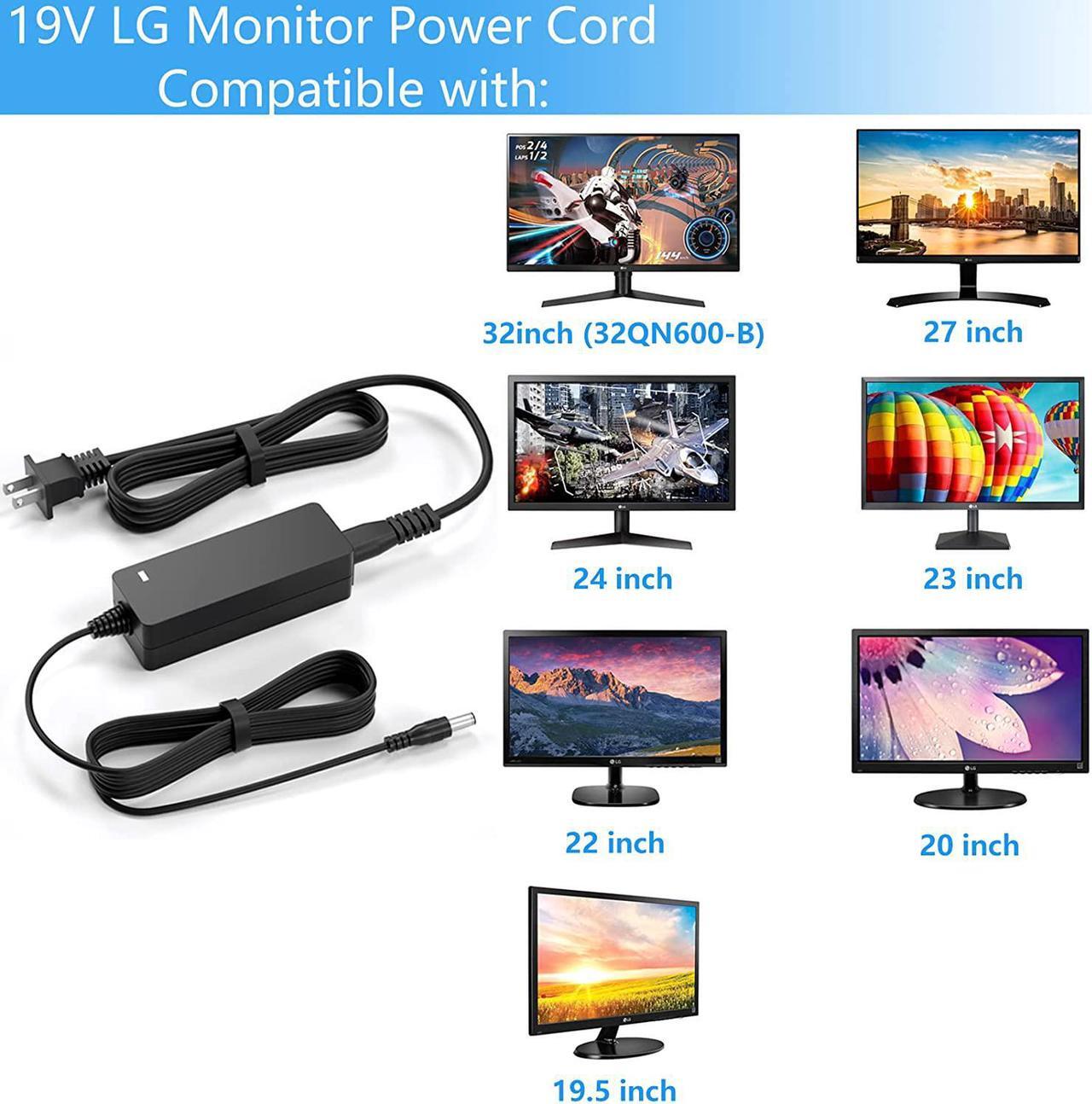 Alt view image 2 of 6 - For LG Monitor Power Cord 19V DC Power Supply for LG Electronics Monitor 32" 27" 24" 23" 22" 20" 19" LCD LED HD TV Monitor Widescreen Replacement LG Monitor Power Adapter Cord