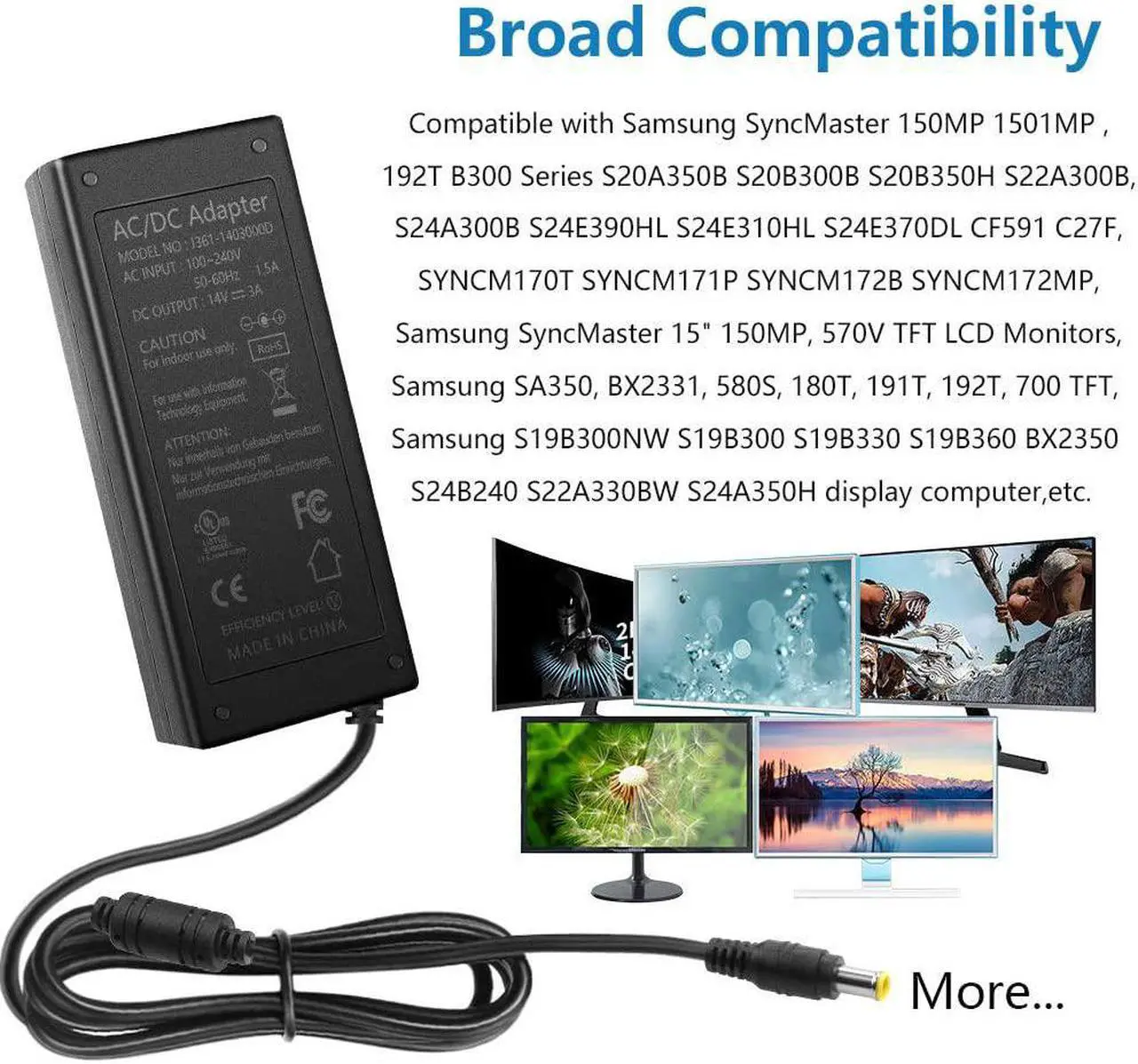Alt view image 6 of 6 - 14V Power Cord for Samsung Monitor UL Listed 14V 3A 2.5A 2.14A 1.78A 42W Power Supply AC DC Adapter for Samsung SyncMaster 15" 17" 18" 19" 20" 22" 23" 24" 27" Screen TFT LED LCD TV Monitor