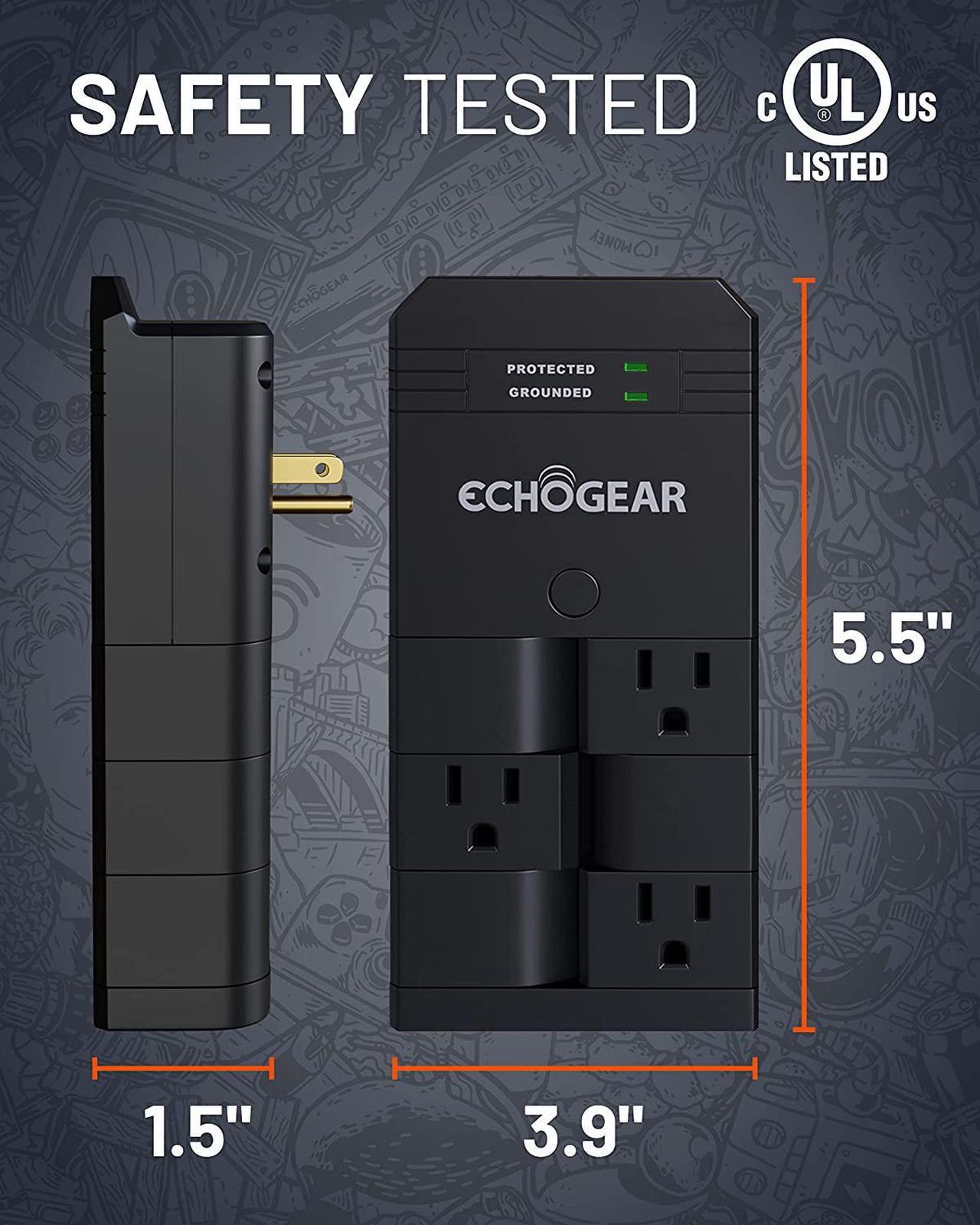 Alt view image 4 of 7 - ECHOGEAR On-Wall Surge Protector with 6 Pivoting AC Outlets & 1080 Joules of Surge Protection - Low Profile Design Installs Over Existing Outlets to Protect Your Gear (Black)