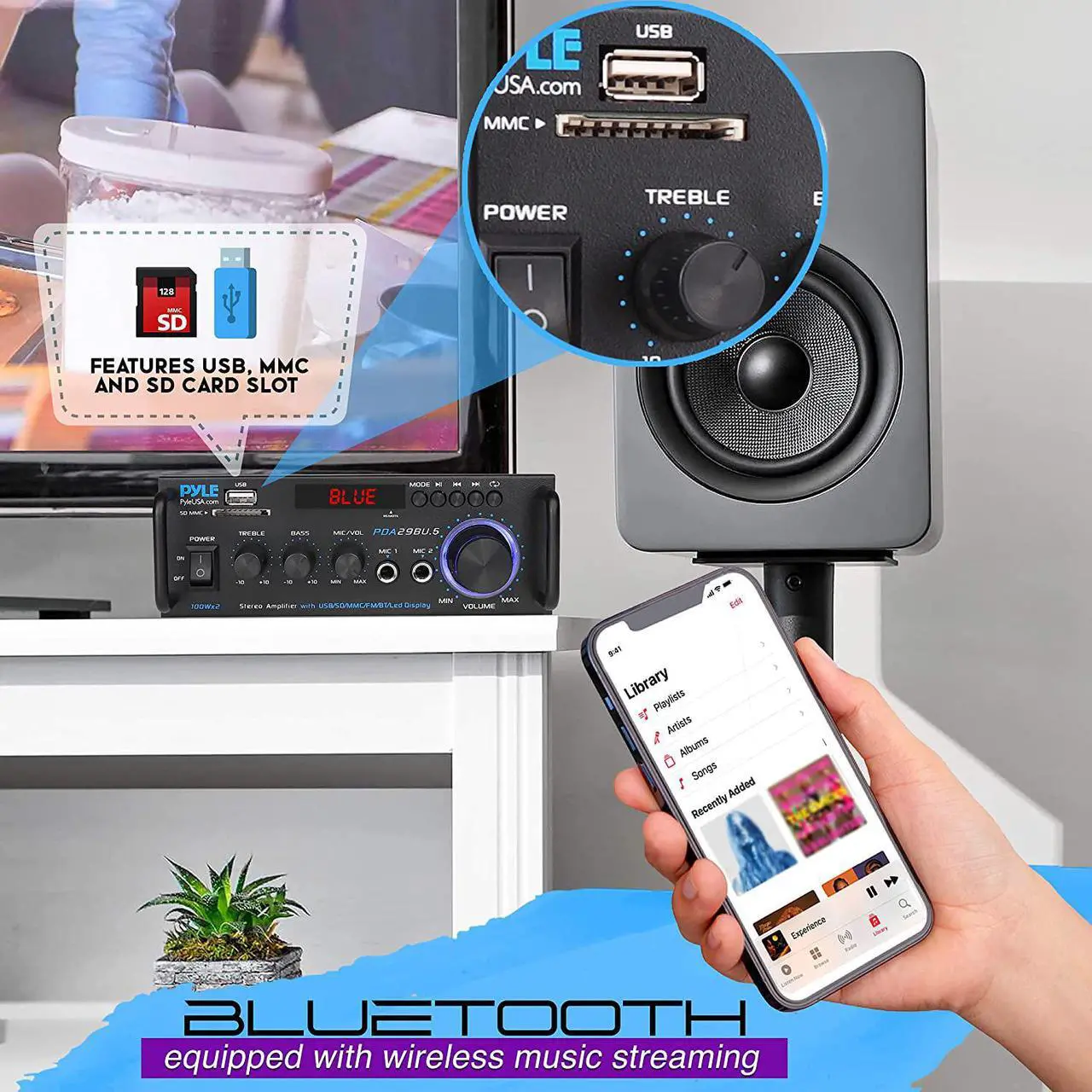Alt view image 4 of 7 - Wireless Bluetooth Stereo Power Amplifier - 200W Dual Channel Sound Audio Stereo Receiver w/RCA, USB, SD, MIC in, FM Radio, for Home Computer via RCA