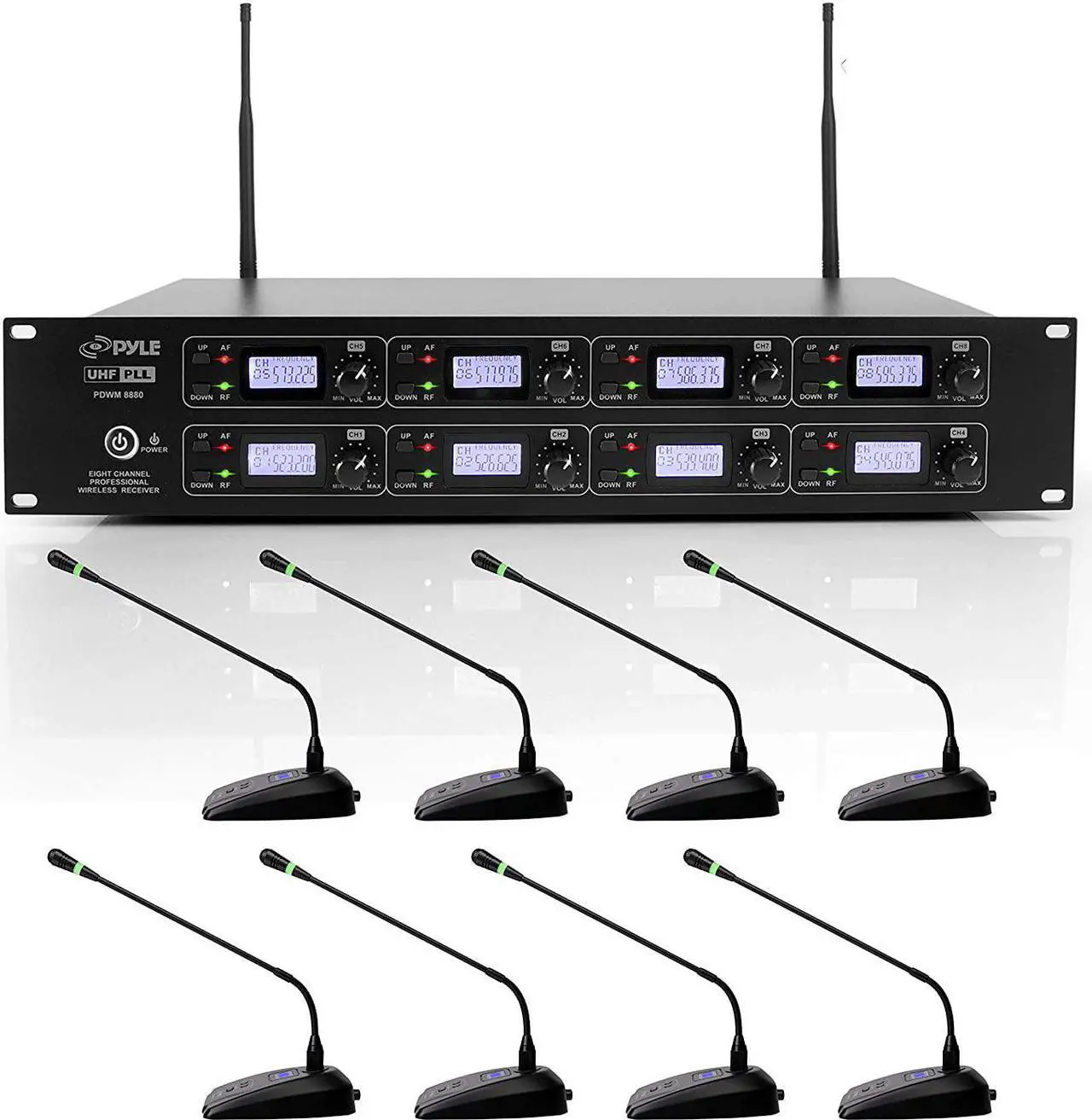 Main image of 8 Channel Conference Microphone System - UHF Desktop, Table Meeting Wireless Microphones & Receiver w/ 8 Gooseneck Mics, Rack Mountable & LED Audio Signal Indicator Lights