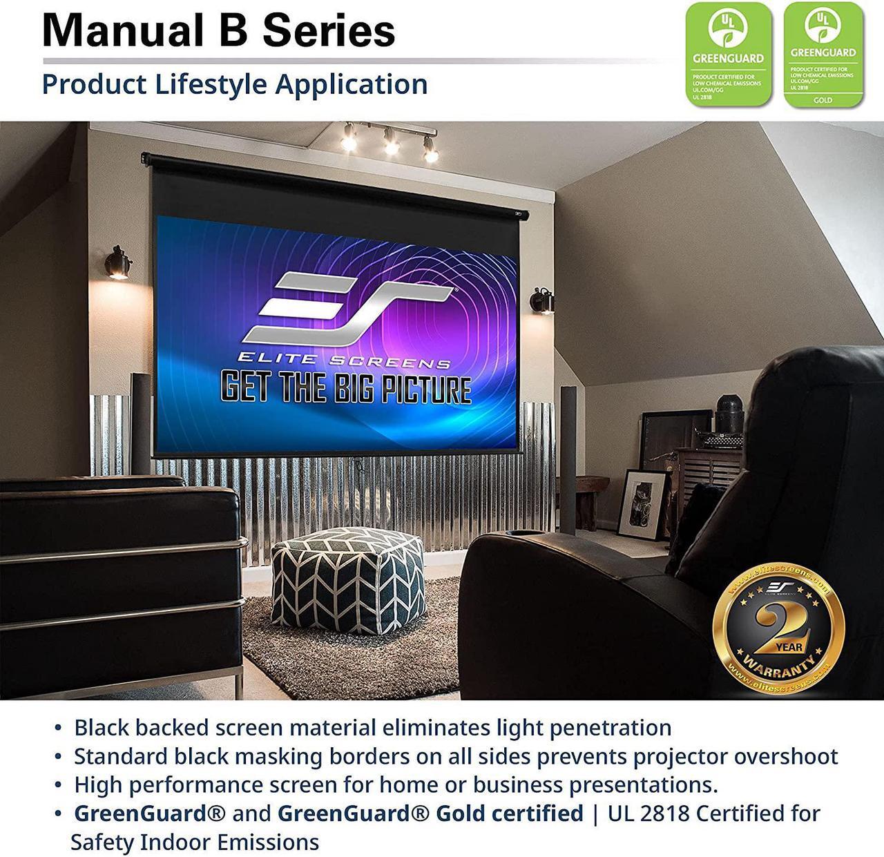 Alt view image 4 of 4 - Elite Screens Manual B Series, 120-INCH Pull Down Projector Screen with Auto-Lock / Slow Retract Mechanism, 4K / 8K 3D Ultra HDR HD Ready Home Cinema Theater Presentation Education