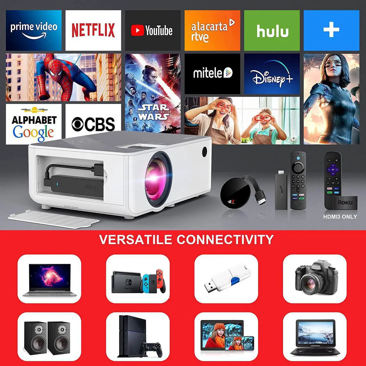 Alt view image 4 of 6 - 1080P HD Projector, WiFi Projector Bluetooth Projector,230" Portable Movie Projector with Tripod, Home Theater Video Projector Compatible with HDMI, VGA, USB, Laptop, iOS & Android Smartphone