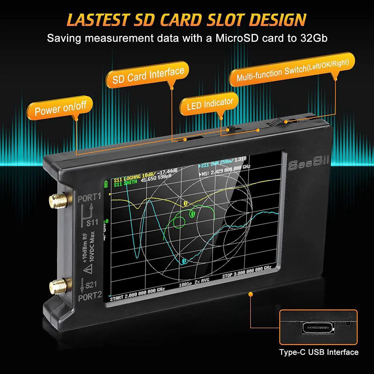 Alt view image 6 of 7 - 2022Upgraded NanoVNA 50kHz-6.3GHz Vector Network Analyzer,Seesii 4inch Antenna Analyzer with 2000 Battery,MicroSD Slot, Support Data Storage,Measure S Parameters HF VHF UHF SWR Phase Delay Smith Chart