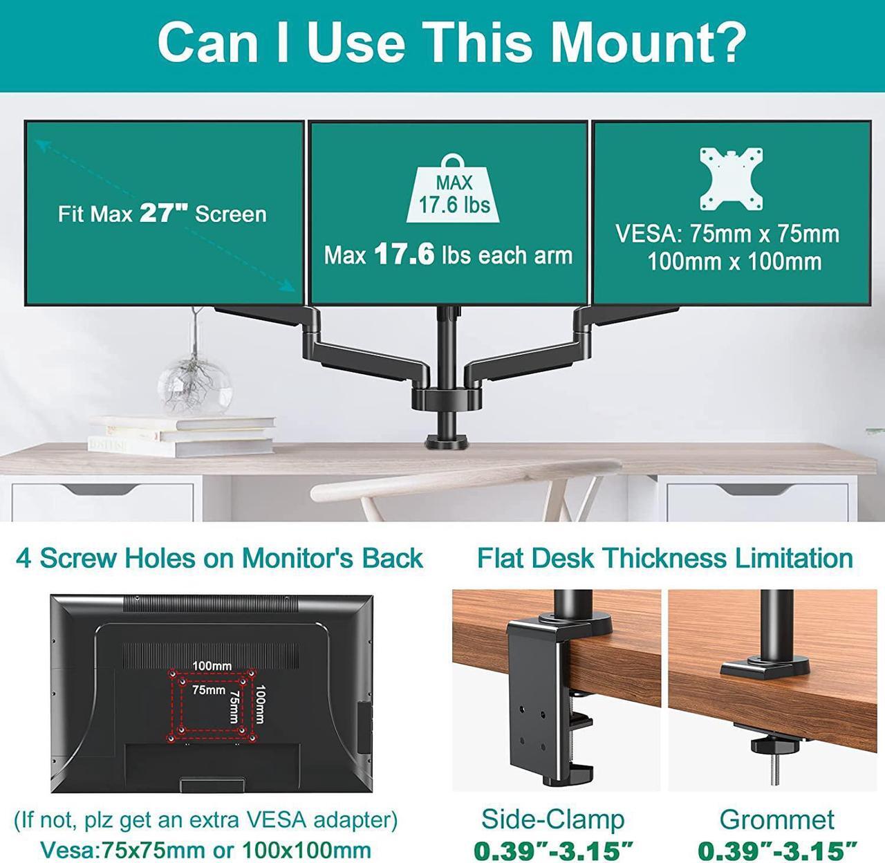 Alt view image 5 of 7 - MOUNT PRO Triple Monitor Desk Mount - Articulating Gas Spring Monitor Arm, Removable VESA Mount Desk Stand with Clamp and Grommet Base - Fits 13 to 27 Inch LCD Computer Monitors, VESA 75x75, 100x100