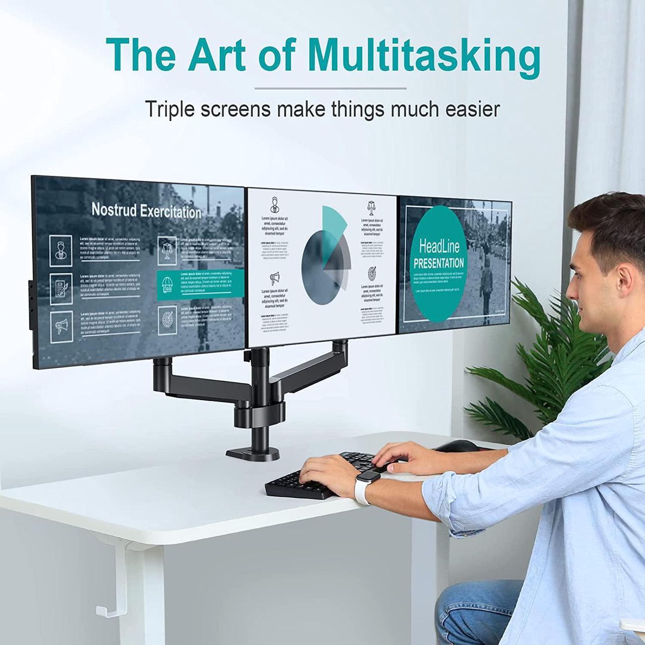 Alt view image 2 of 7 - MOUNT PRO Triple Monitor Desk Mount - Articulating Gas Spring Monitor Arm, Removable VESA Mount Desk Stand with Clamp and Grommet Base - Fits 13 to 27 Inch LCD Computer Monitors, VESA 75x75, 100x100