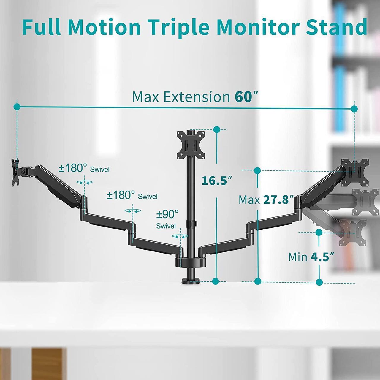 Alt view image 7 of 7 - MOUNT PRO Triple Monitor Desk Mount - Articulating Gas Spring Monitor Arm, Removable VESA Mount Desk Stand with Clamp and Grommet Base - Fits 13 to 27 Inch LCD Computer Monitors, VESA 75x75, 100x100