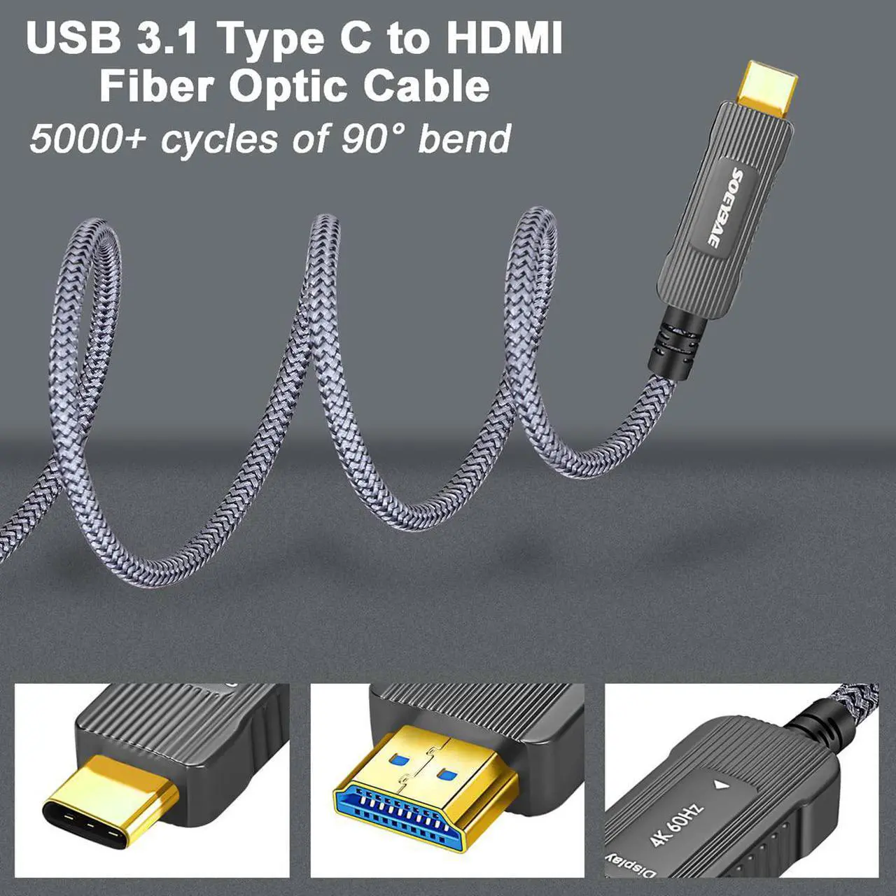 Alt view image 3 of 7 - USB 3.1 Type C to HDMI Fiber Optic Cable, Support 18Gbps, 4K@60Hz, HDCP 2.2, HDR (5M)