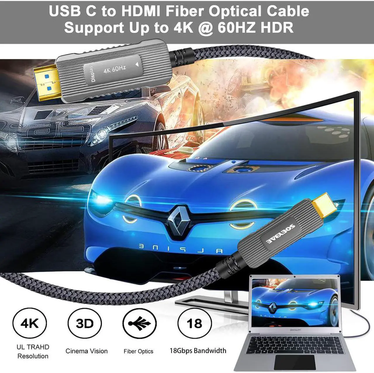 Alt view image 6 of 7 - USB 3.1 Type C to HDMI Fiber Optic Cable, Support 18Gbps, 4K@60Hz, HDCP 2.2, HDR (5M)