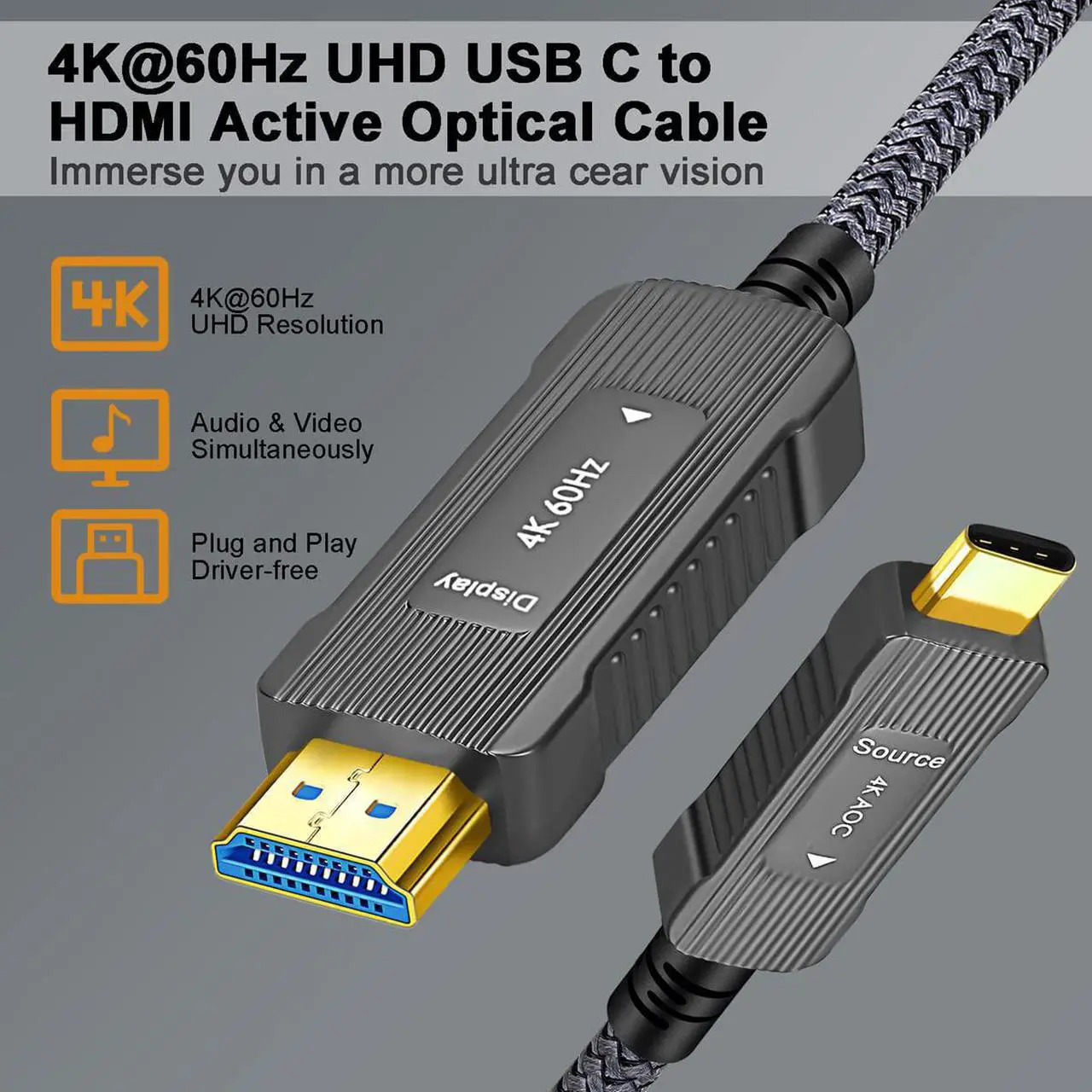 Alt view image 2 of 7 - USB 3.1 Type C to HDMI Fiber Optic Cable, Support 18Gbps, 4K@60Hz, HDCP 2.2, HDR (5M)