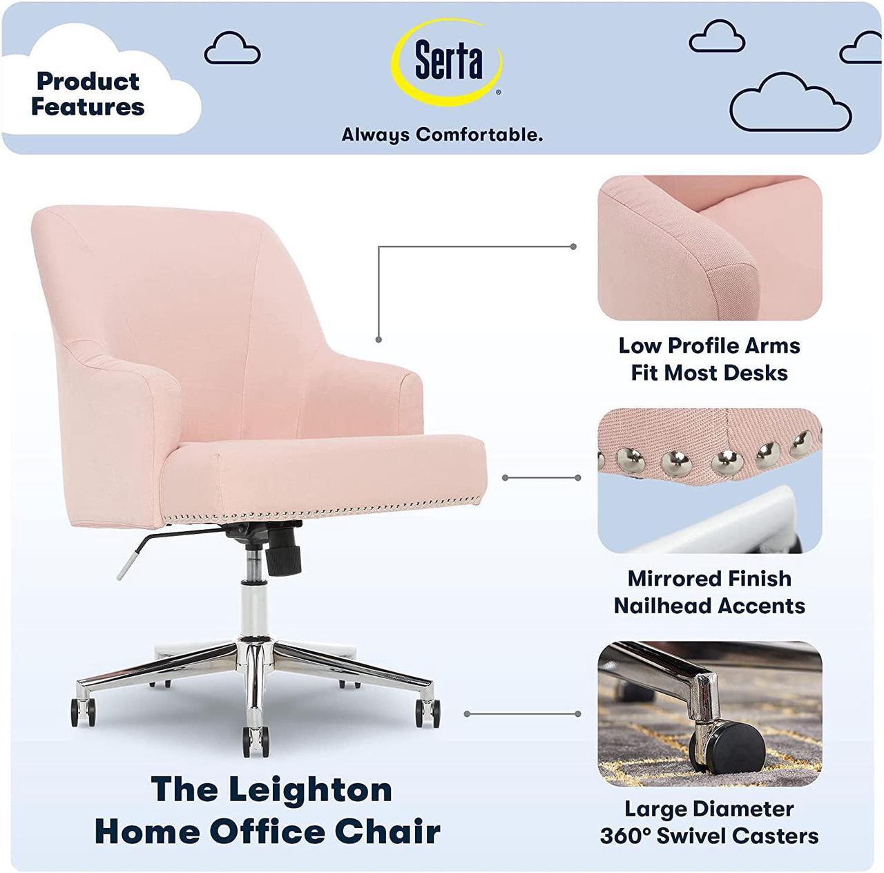 Alt view image 2 of 7 - Serta Leighton Home Office Chair with Memory Foam, Height-Adjustable Desk Accent Chair with Chrome-Finished Stainless-Steel Base, Twill Fabric, Blush Pink