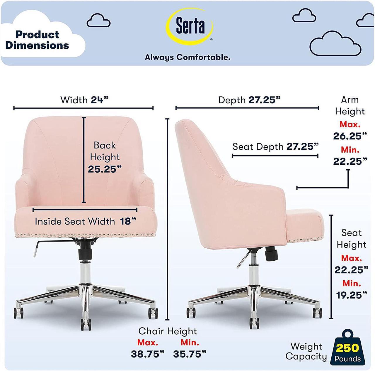 Alt view image 3 of 7 - Serta Leighton Home Office Chair with Memory Foam, Height-Adjustable Desk Accent Chair with Chrome-Finished Stainless-Steel Base, Twill Fabric, Blush Pink