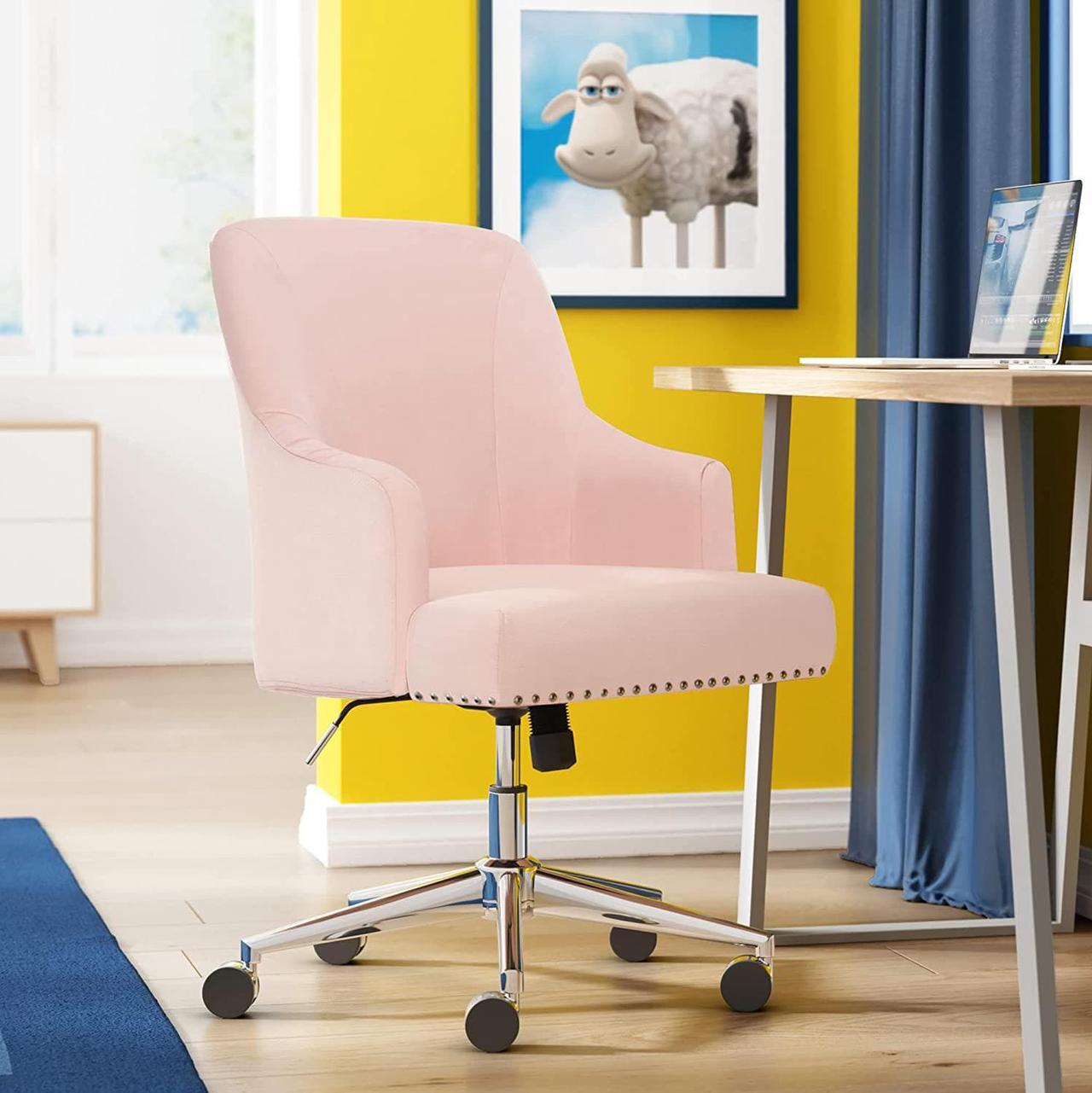 Alt view image 7 of 7 - Serta Leighton Home Office Chair with Memory Foam, Height-Adjustable Desk Accent Chair with Chrome-Finished Stainless-Steel Base, Twill Fabric, Blush Pink