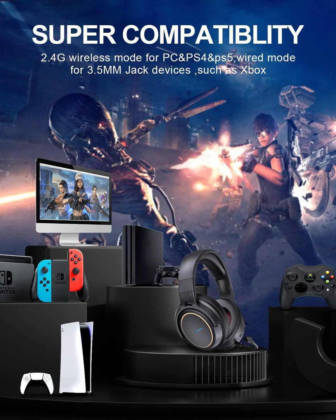 Alt view image 7 of 7 - XIBERIA Wireless Gaming Headset for PS5,PS4,PC with Microphone,Lossless 2.4GHz Ultra-Low Latency,Noise Cancelling MIC,Long Battery Life,Wired Mode for Xbox One, Xbox Series X Games