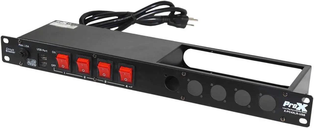 Alt view image 2 of 3 - ProX X-PC4XLR-USB 1U 15Amp Circuit 4CH Switch Panel W-2 USB and 5 Punched Space