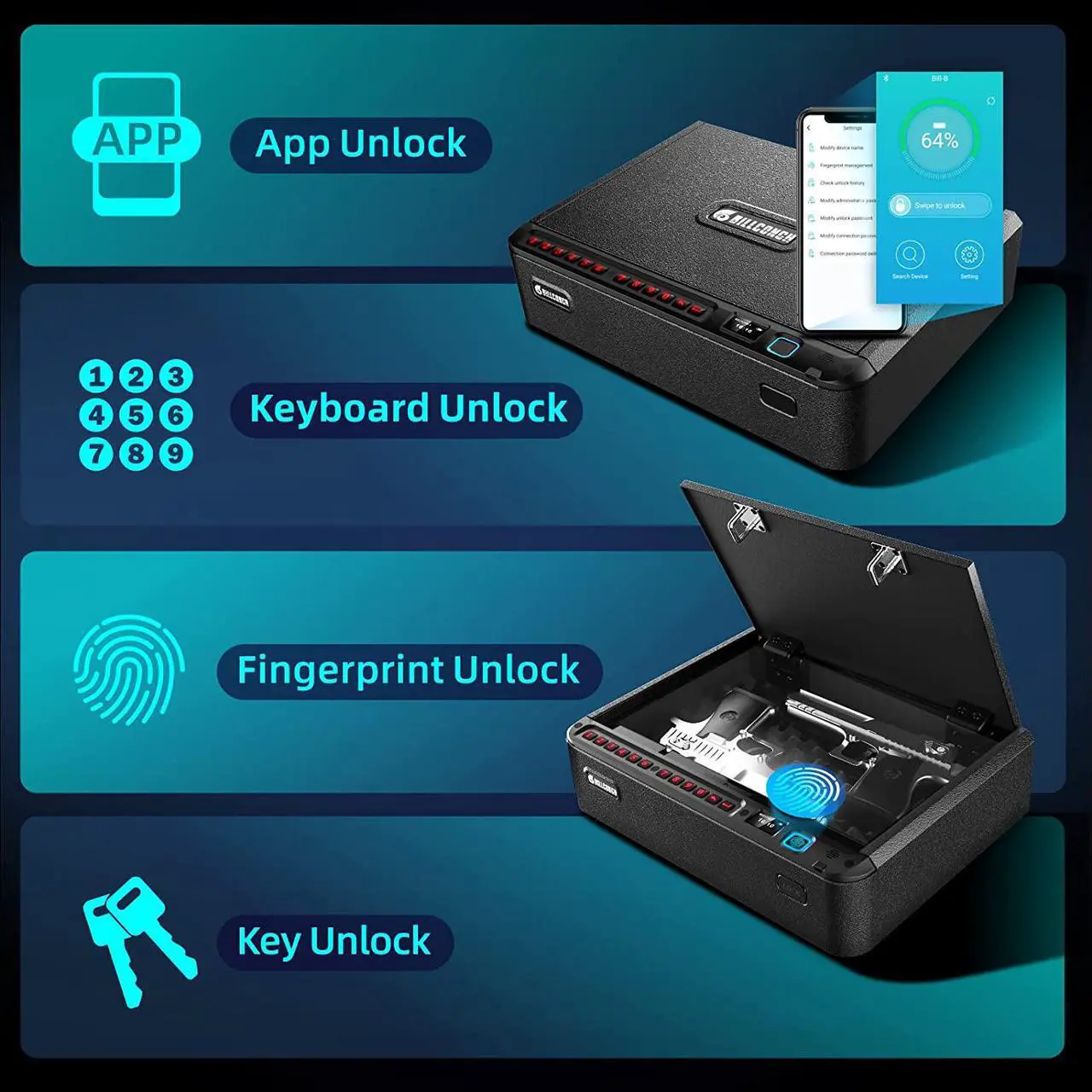 Alt view image 2 of 7 - Gun Safe - Biometric Gun Safe for 2 Pistols with Fingerprint/Full-digital Keypad/Key/Smartphone Lock, Quick-Access Pistol Safe for Beside Nightstand Handgun Safe with LCD/Voice Guide
