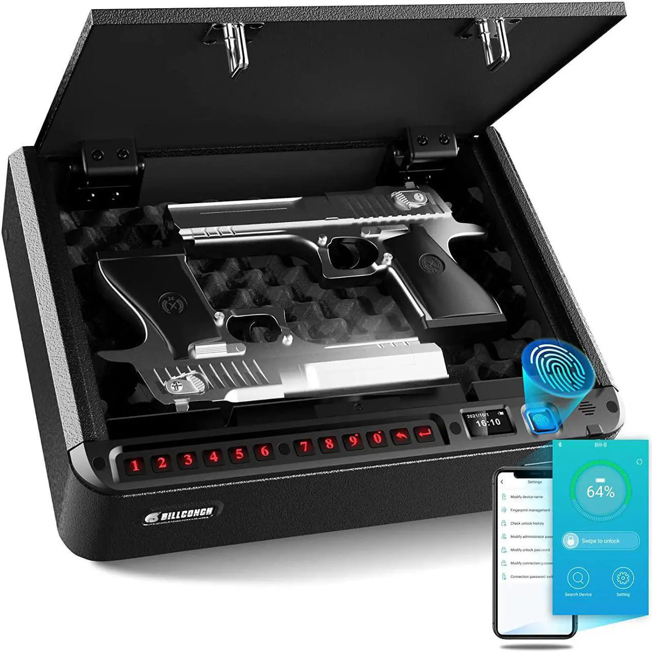 Main image of Gun Safe - Biometric Gun Safe for 2 Pistols with Fingerprint/Full-digital Keypad/Key/Smartphone Lock, Quick-Access Pistol Safe for Beside Nightstand Handgun Safe with LCD/Voice Guide