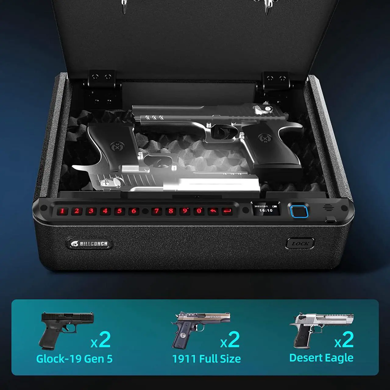 Alt view image 4 of 7 - Gun Safe - Biometric Gun Safe for 2 Pistols with Fingerprint/Full-digital Keypad/Key/Smartphone Lock, Quick-Access Pistol Safe for Beside Nightstand Handgun Safe with LCD/Voice Guide