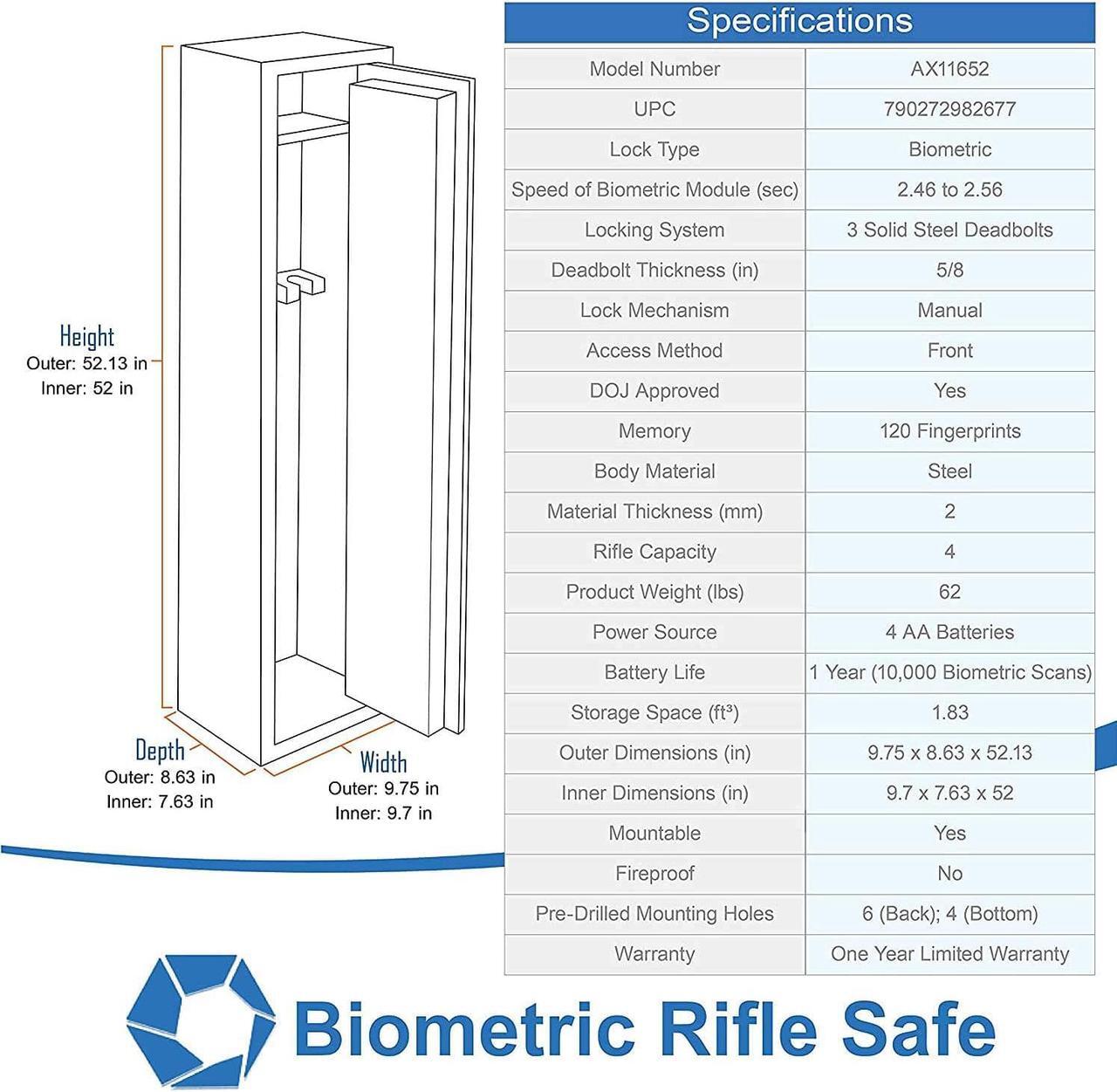 Alt view image 7 of 7 - Quick and Easy Access Biometric Rifles, Firearms and Long Guns Safe for Home, Removable Shelf, Optional Silent Mode, 1.83 Cubic Ft