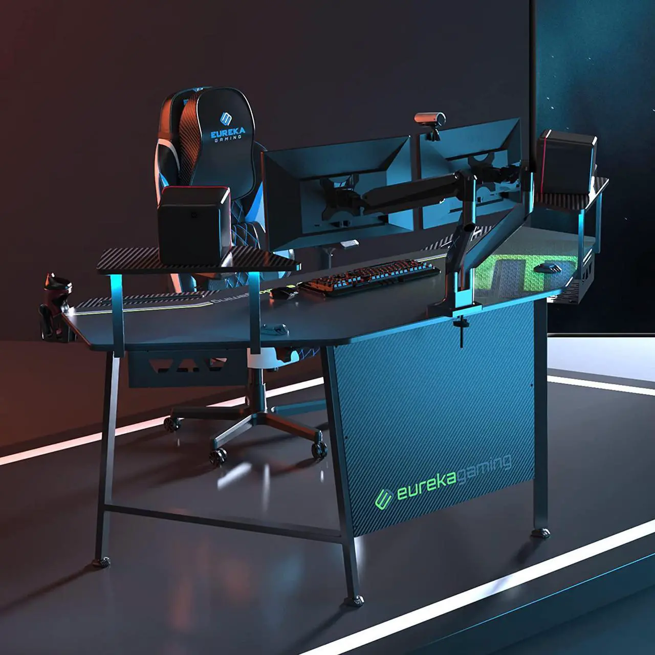 Alt view image 2 of 7 - Gaming Desk with Keyboard Tray, 72" Computer Desk with Monitor Stand, Large PC Workstation with Led Lights for Home Office, Game, Live, Stream, TikTok