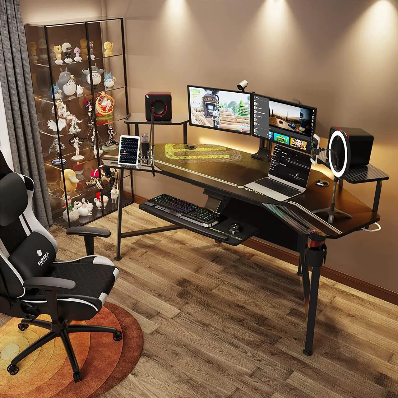 Alt view image 3 of 7 - Gaming Desk with Keyboard Tray, 72" Computer Desk with Monitor Stand, Large PC Workstation with Led Lights for Home Office, Game, Live, Stream, TikTok