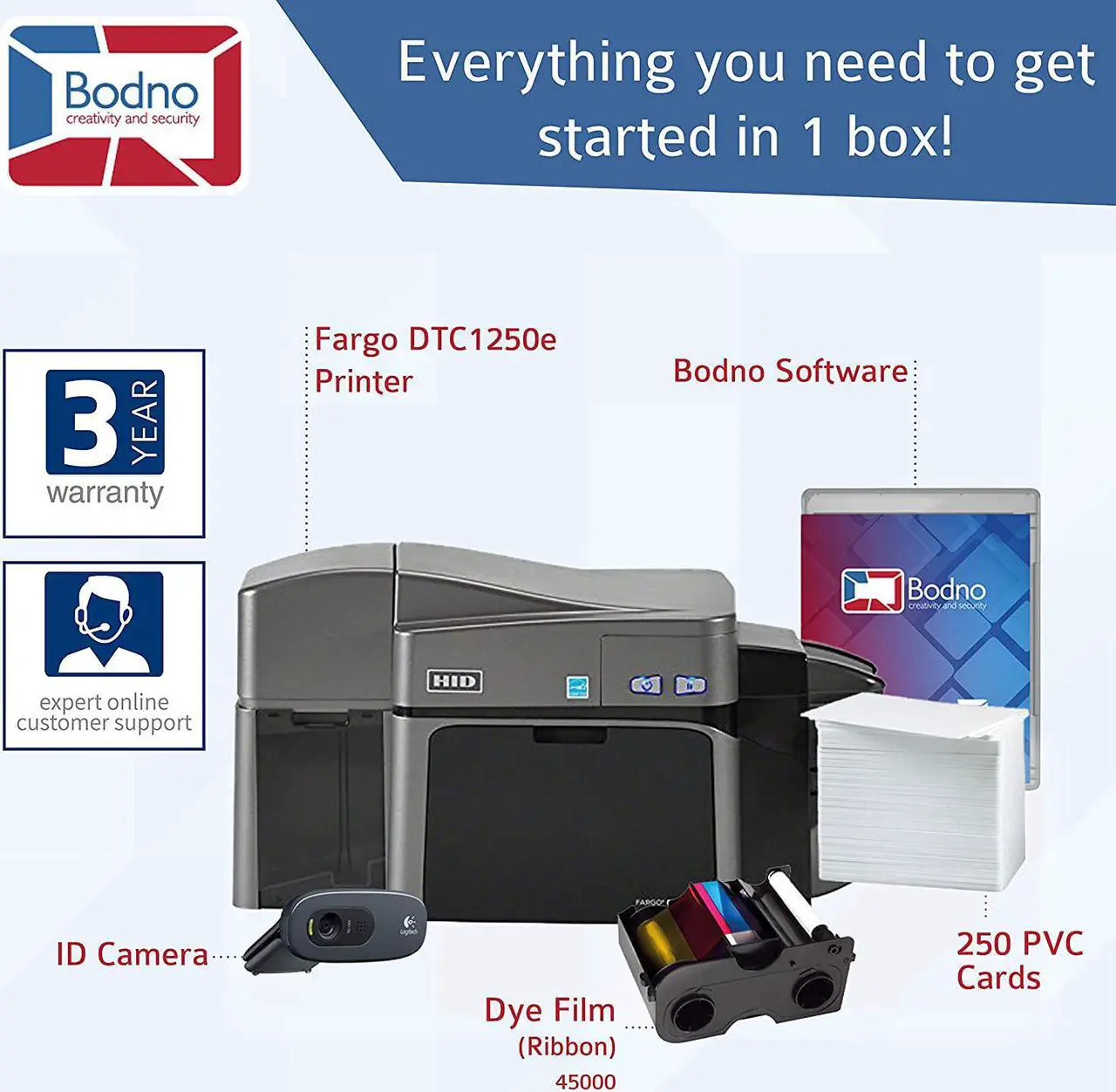 Alt view image 2 of 4 - Fargo DTC1250e Dual Sided ID Card Printer & Complete Supplies Package with Silver Edition Bodno Software