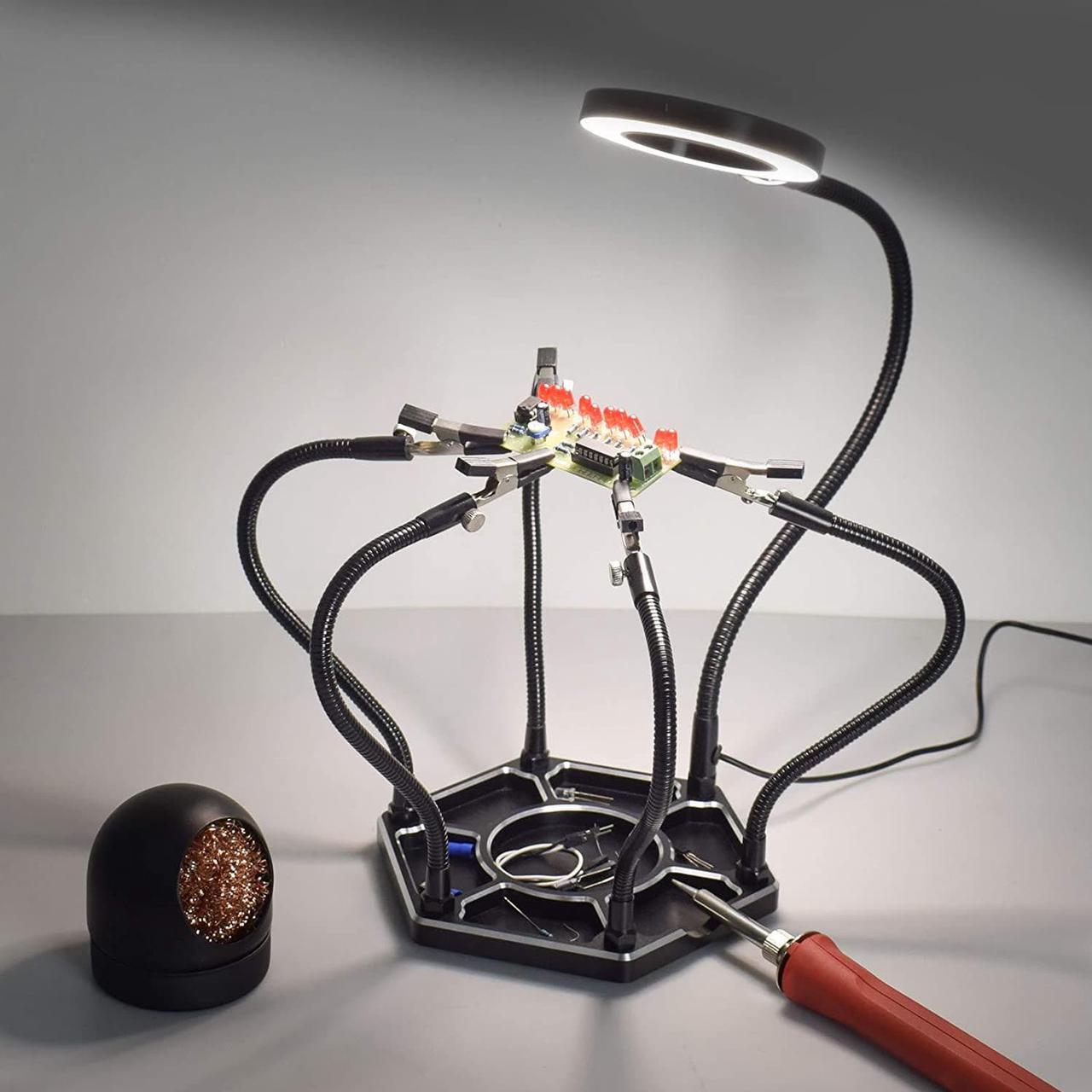 Alt view image 7 of 7 - Helping Hands Soldering Station, Third Hand With 3X Magnifying Lamp, 6 Flexible Helping Hand Arms, Soldering Iron Tip Cleaner Holder For Soldering, Assembly, Repair, Modeling, Hobby, Crafts, Jewelry