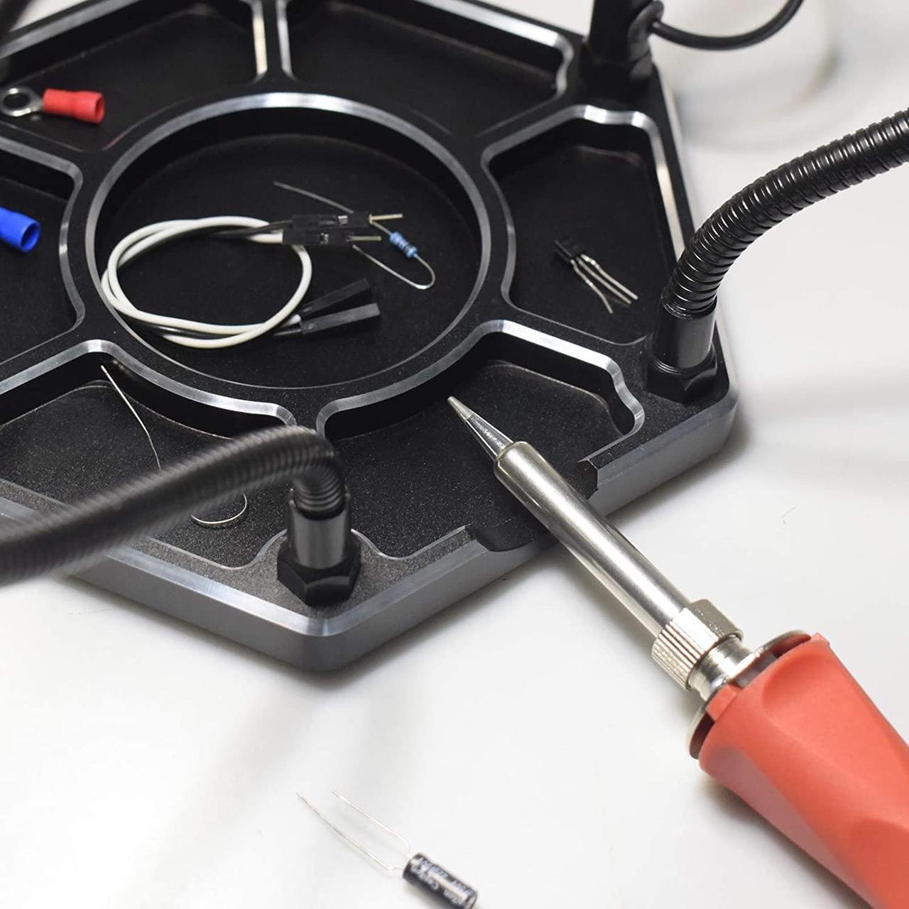 Alt view image 5 of 7 - Helping Hands Soldering Station, Third Hand With 3X Magnifying Lamp, 6 Flexible Helping Hand Arms, Soldering Iron Tip Cleaner Holder For Soldering, Assembly, Repair, Modeling, Hobby, Crafts, Jewelry