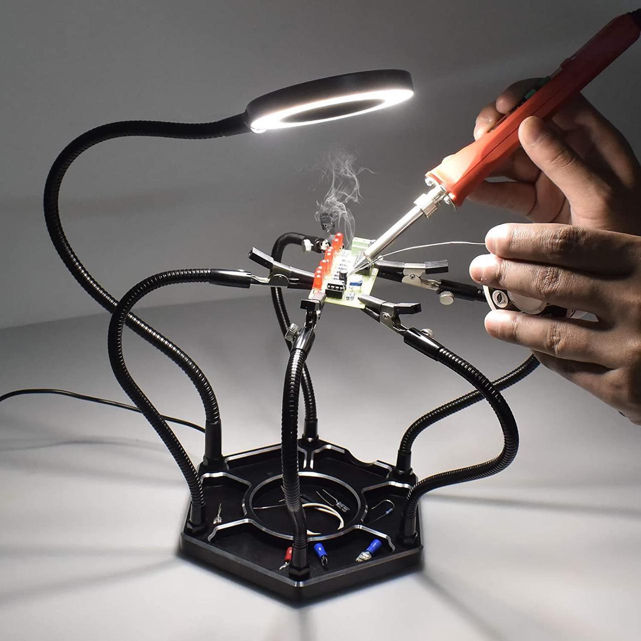 Alt view image 6 of 7 - Helping Hands Soldering Station, Third Hand With 3X Magnifying Lamp, 6 Flexible Helping Hand Arms, Soldering Iron Tip Cleaner Holder For Soldering, Assembly, Repair, Modeling, Hobby, Crafts, Jewelry