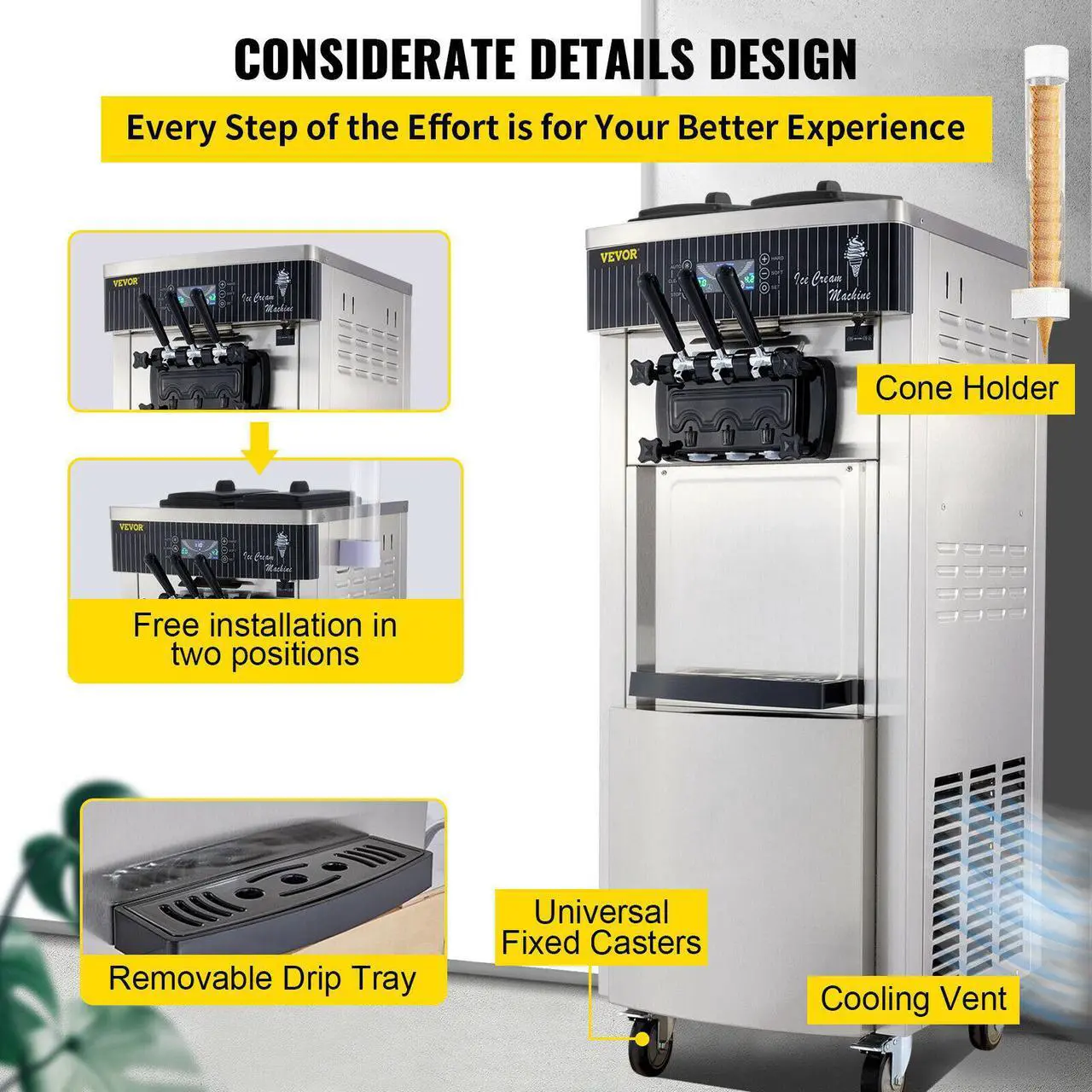 Alt view image 6 of 7 - 20-28L/H Commercial Ice Cream Maker Yogurt Machine 3 Flavors w/ Wheels