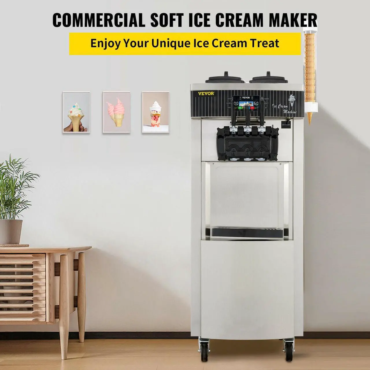 Alt view image 2 of 7 - 20-28L/H Commercial Ice Cream Maker Yogurt Machine 3 Flavors w/ Wheels