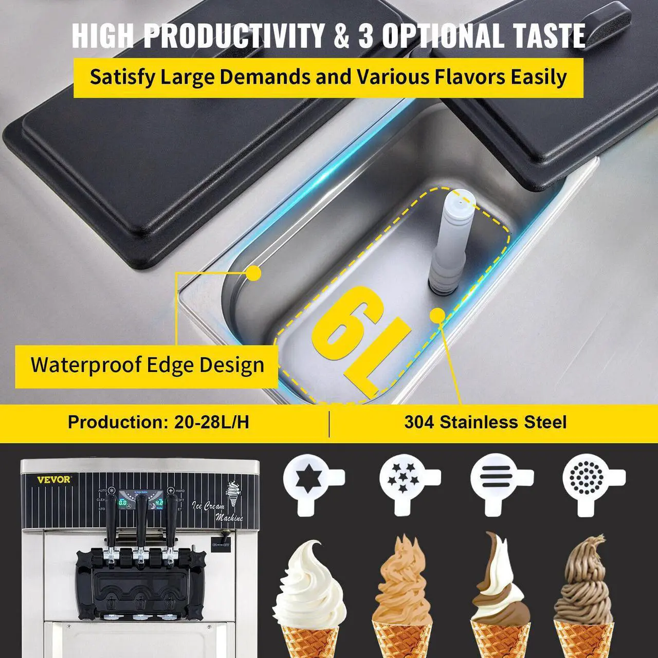 Alt view image 3 of 7 - 20-28L/H Commercial Ice Cream Maker Yogurt Machine 3 Flavors w/ Wheels