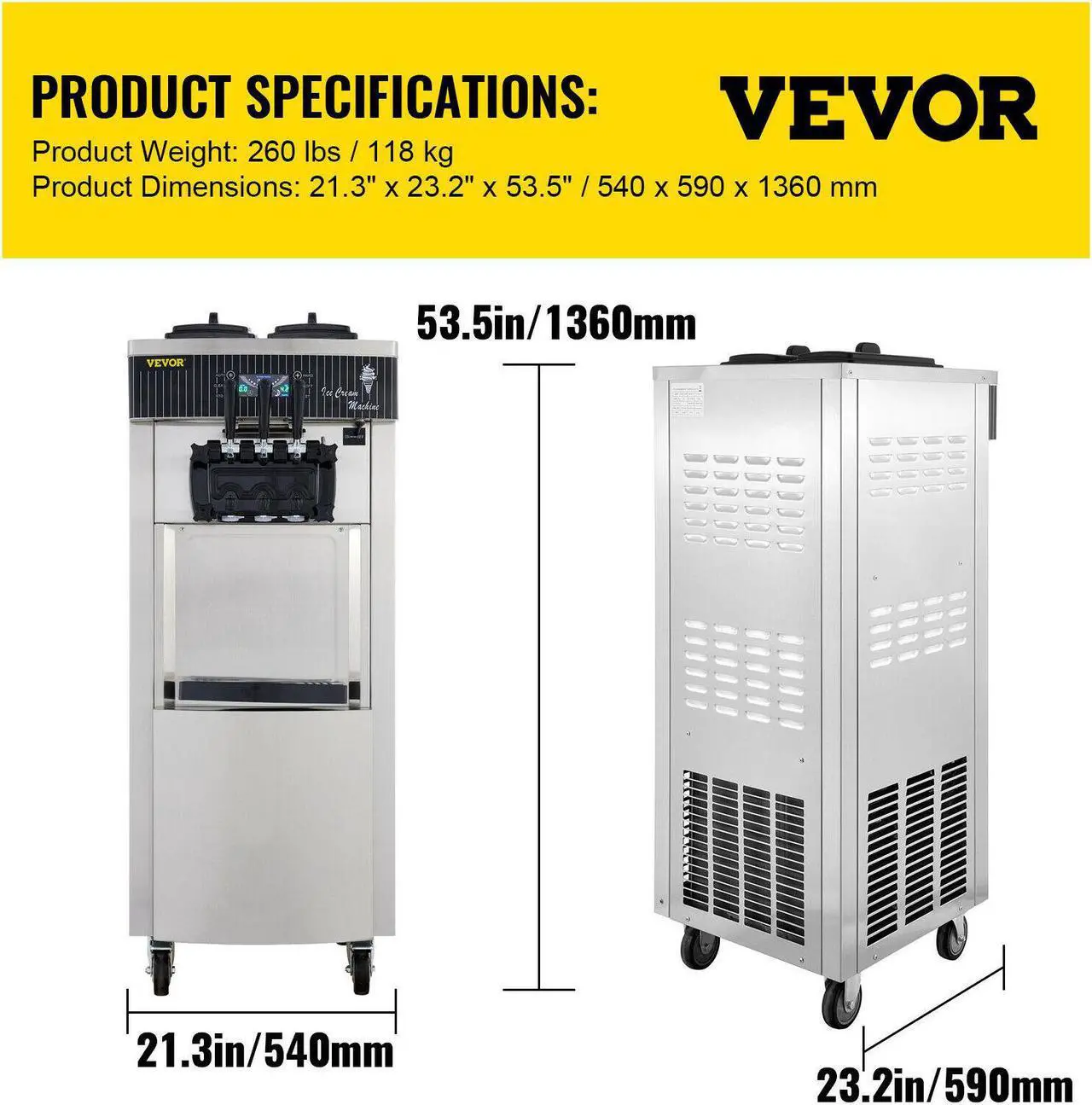 Alt view image 7 of 7 - 20-28L/H Commercial Ice Cream Maker Yogurt Machine 3 Flavors w/ Wheels