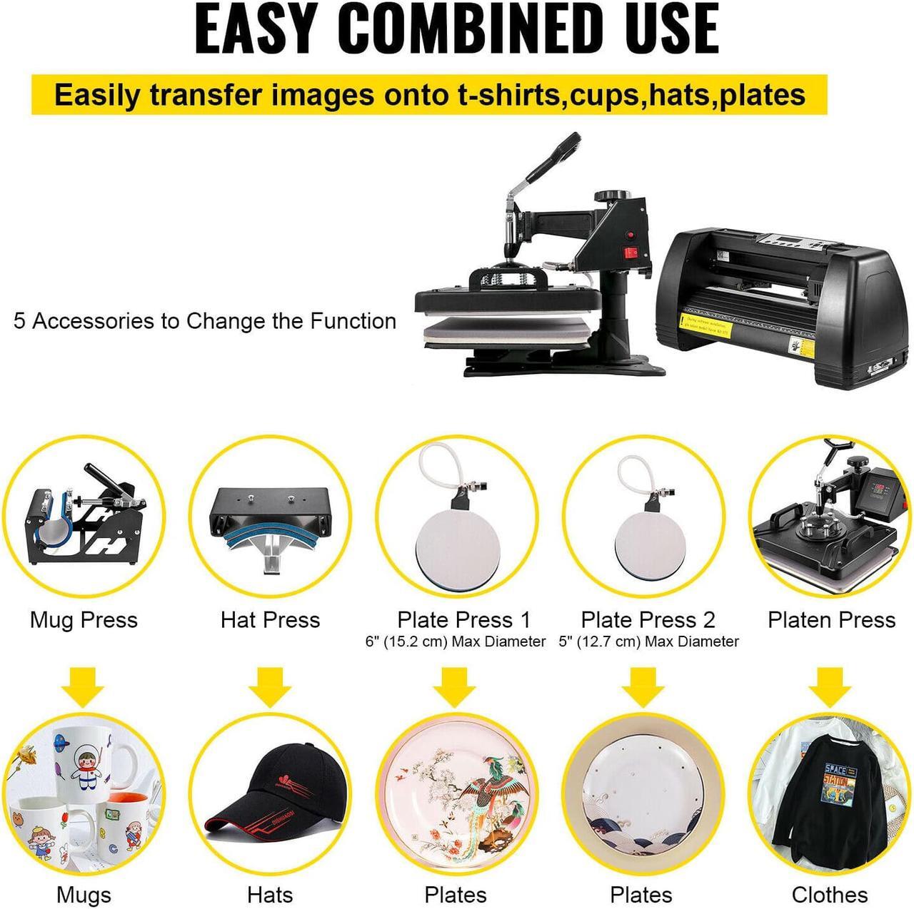 Alt view image 7 of 7 - 5 in 1 Heat Press 15"x12" + 14" Vinyl Cutter Plotter Printer Sublimation Machine