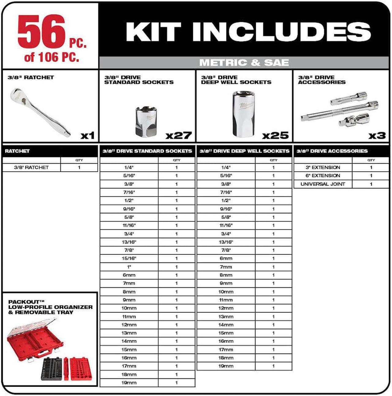 Alt view image 3 of 4 - Milwaukee 48-22-9486 1/4" & 3/8 106pc Ratchet & Socket Set w/PACKOUT Organizer