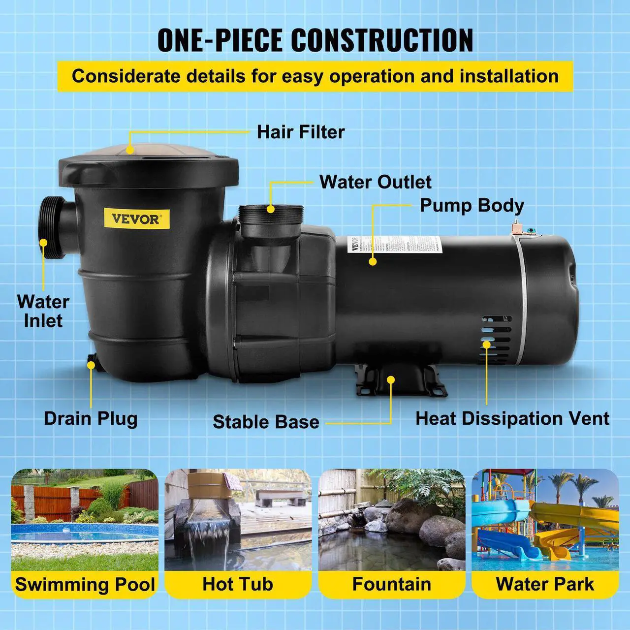 Alt view image 7 of 7 - VEVOR Swimming Pool Pump 2HP 90 GPM w/ Strainer Filter Pump Above Ground