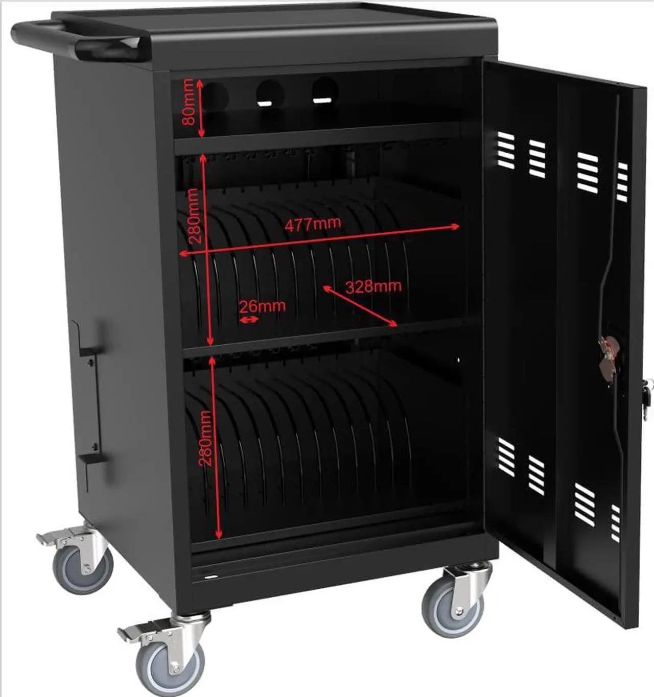 Alt view image 3 of 6 - Charging Cart, 36 Device Mobile Charging Station for Tablet Up to 16-inch Screen Size, Laptop Storage Rack for Multiple Laptops, with Cord Organizer, Front and Back Access Locking Cabinet Black