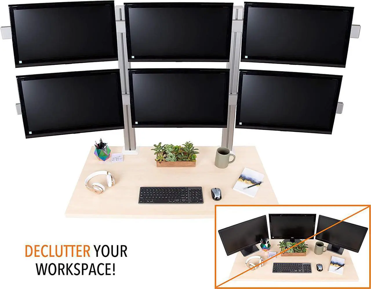 Main image of 6 Monitor Mount Heavy Duty Height Adjustable Monitor Stand with Clamp On Base| Six Monitor Arm with Full Articulation VESA Mount Fits Most LCD/LED Monitors 17-32 in. (Silver/6 Mounts)