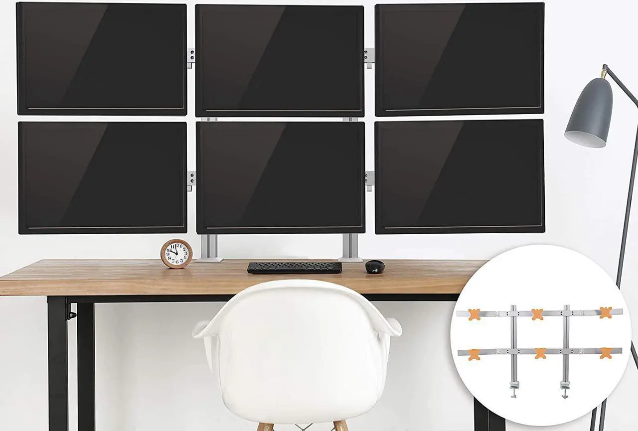 Alt view image 4 of 5 - 6 Monitor Mount Heavy Duty Height Adjustable Monitor Stand with Clamp On Base| Six Monitor Arm with Full Articulation VESA Mount Fits Most LCD/LED Monitors 17-32 in. (Silver/6 Mounts)