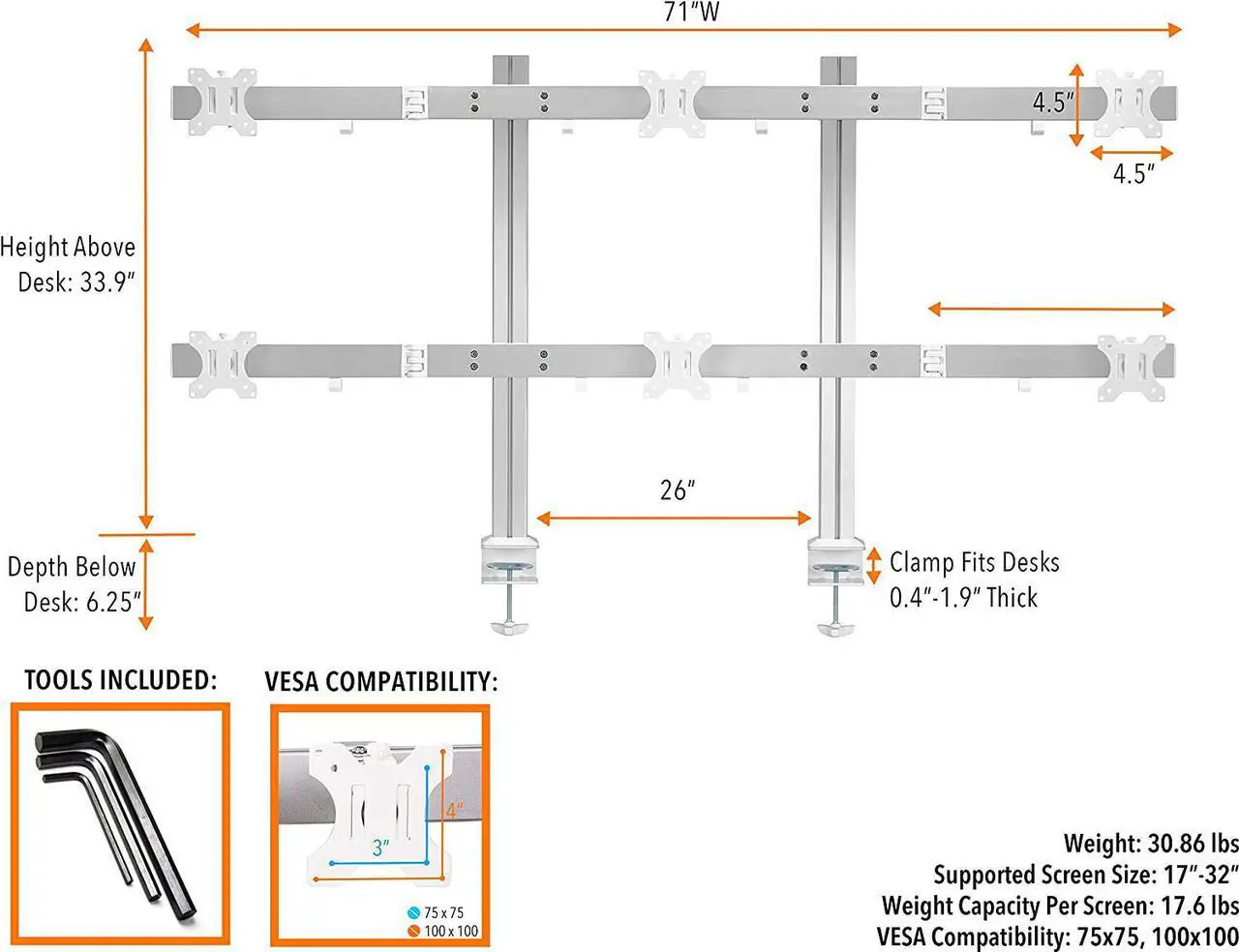 Alt view image 5 of 5 - 6 Monitor Mount Heavy Duty Height Adjustable Monitor Stand with Clamp On Base| Six Monitor Arm with Full Articulation VESA Mount Fits Most LCD/LED Monitors 17-32 in. (Silver/6 Mounts)