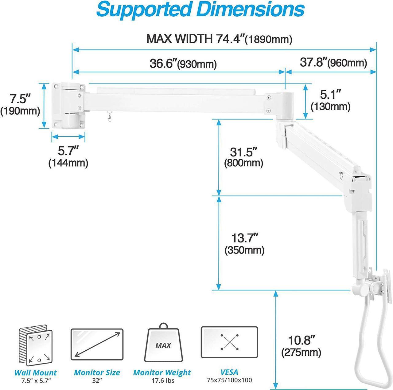 Alt view image 2 of 6 - Medical Grade 17.6 lbs Monitor Wall Mount - Mounts Ultrawide Monitor on 74" Long Extension Full Motion Height Adjustable Arm - for Healthcare and Maintenance Area