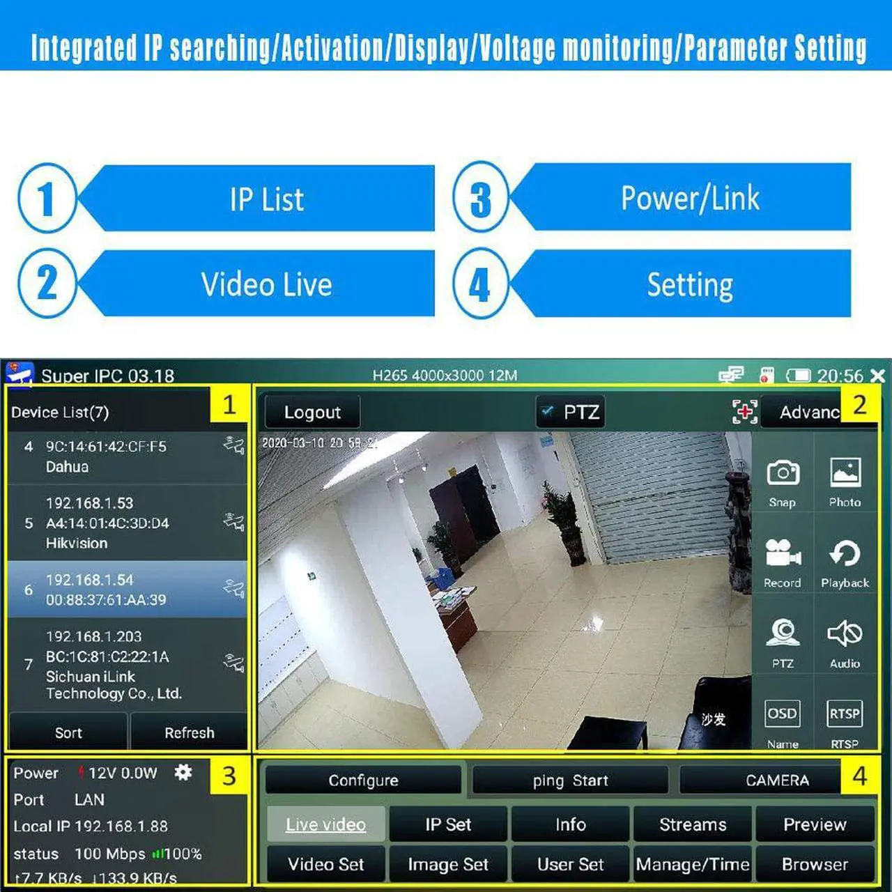 Alt view image 5 of 6 - CCTV Camera Tester-Support up to 6K IP Camera and CVBS Analog Camera-with IP Discovery/PoE/WiFi/HDMI Output/RJ45 TDR Test/PTZ Control/Focus Test